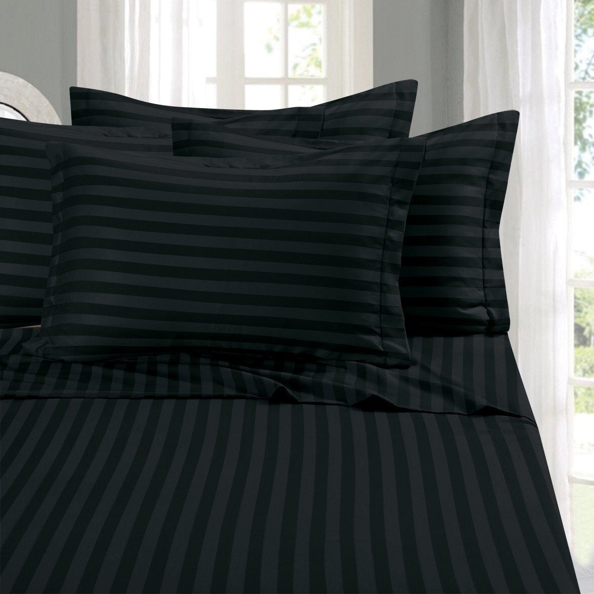 Elegant Comfort 1500 Premier Hotel Quality Stripe 4 Piece Wrinkle Resistant Luxurious Sheet Set, Queen, Black