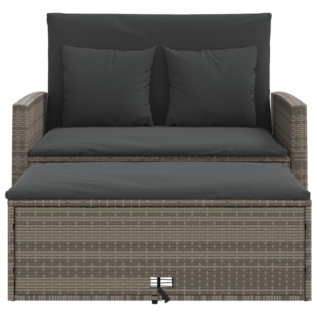 vidaXL Patio Sofa with Cushions - 2-Seater Storage Garden Bench Gray Poly Rattan - Comfortable Outdoor Furniture, Reclining Functionality, with Footstool and Cushions - for Patio, Deck, Garden, Lounge
