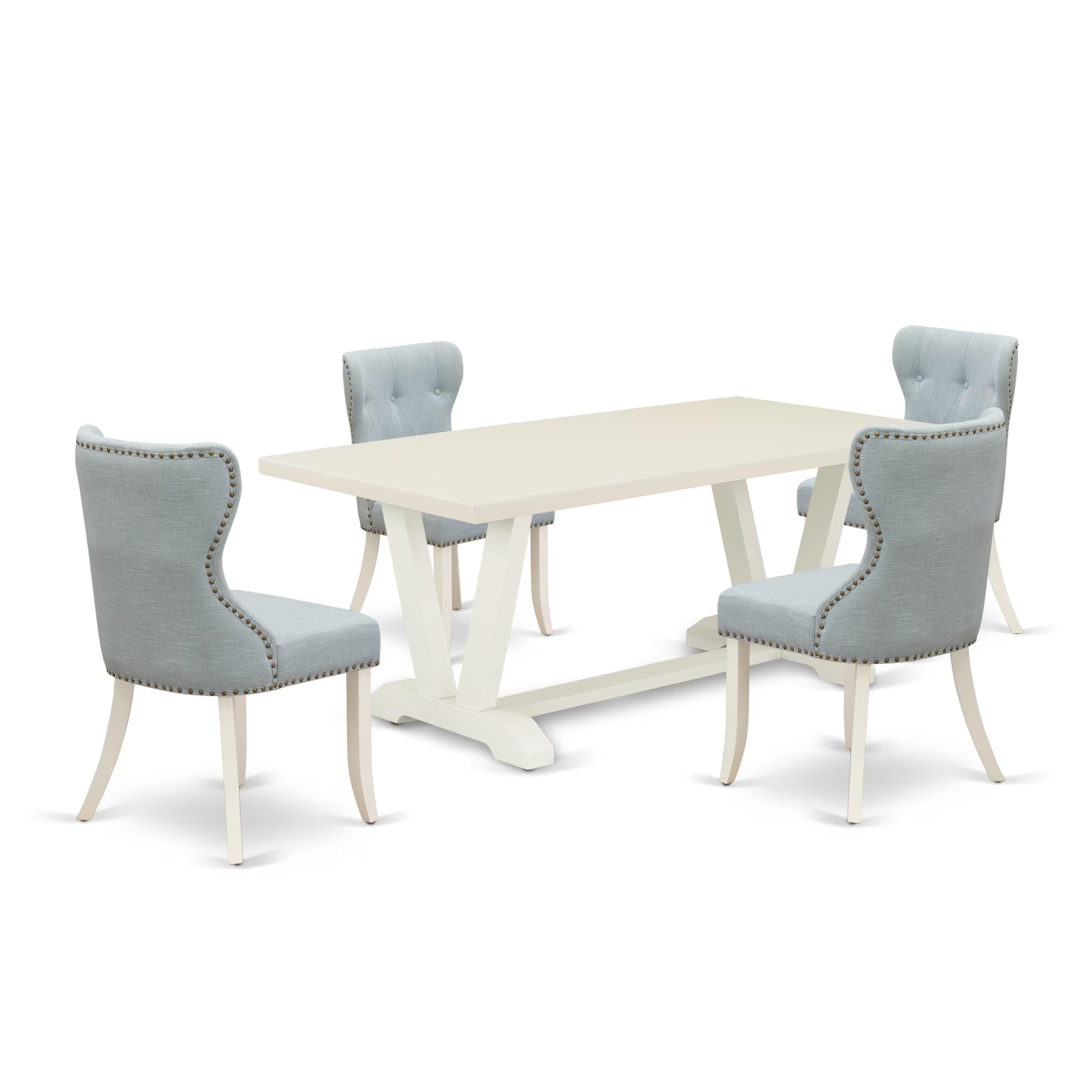 East West Furniture V027Si215-5 5 Piece Dining Table Set For 4 Includes A Rectangle Kitchen Table With V-Legs And 4 Baby Blue Linen Fabric Upholstered Chairs, 40X72 Inch, Multi-Color