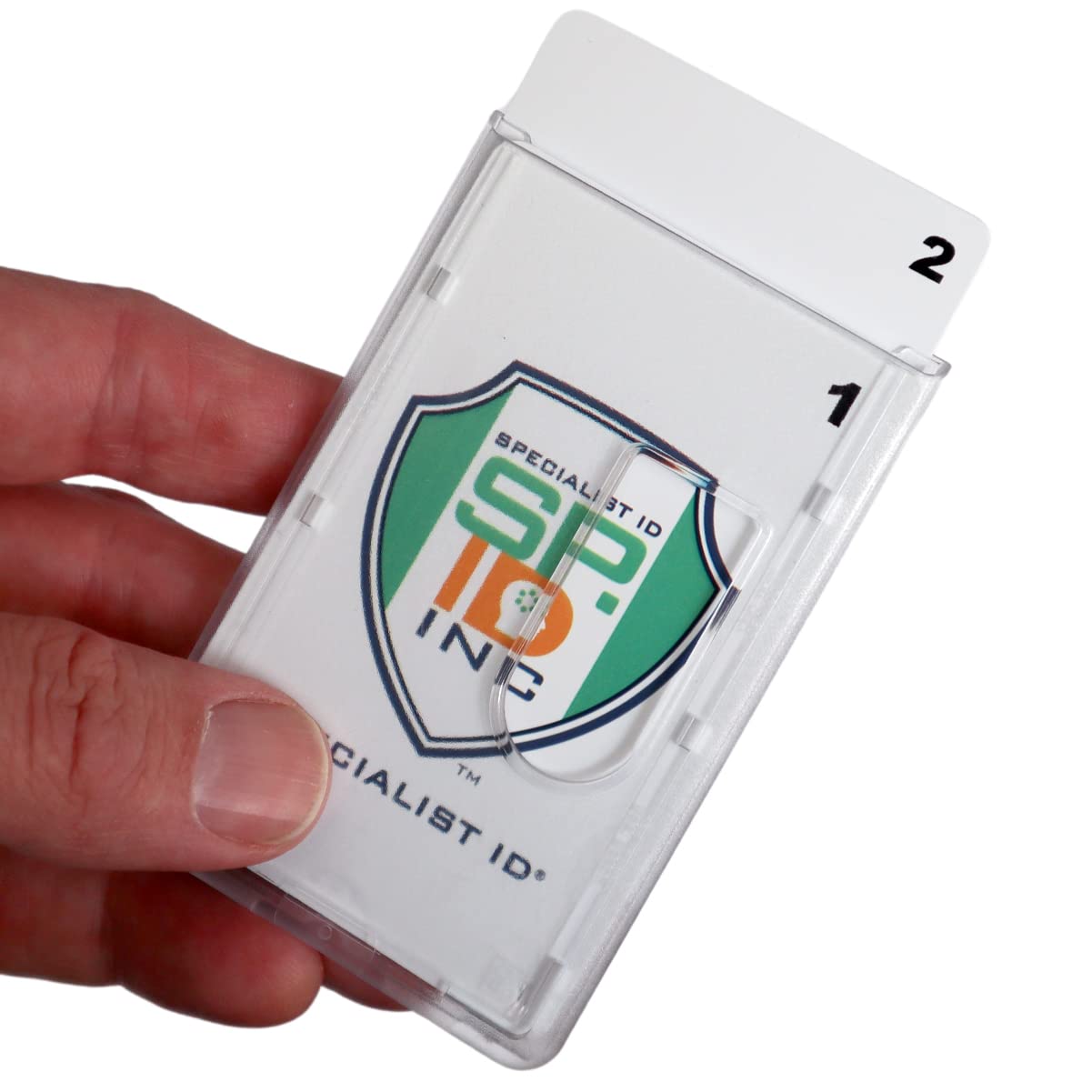 5 Pack - Heavy Duty Dual Sided Badge Holders - Holds 2 Cards - Polycarbonate Vertical - Durable Rigid Clear Hard Plastic Badges