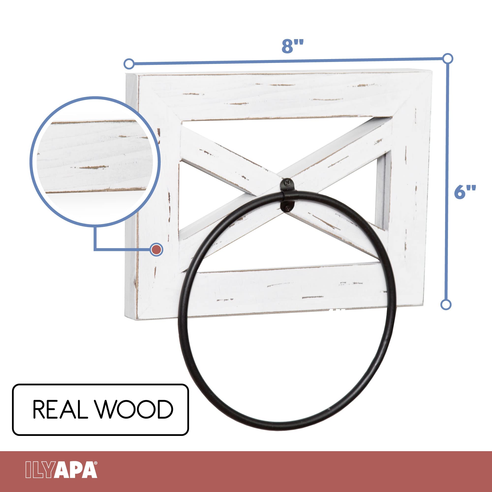 Ilyapa Rustic Hand Towel Ring For Bathroom- Wall Mounted Bathroom Hand Towel Holder - White Wood & Black Metal Ring, Farmhouse D