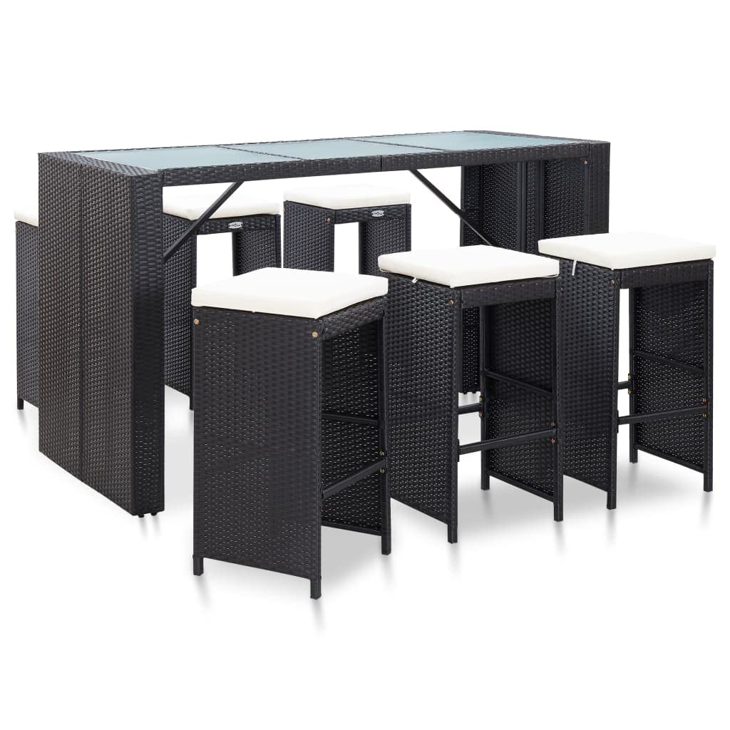 7 Piece Garden Bar Set with Cushions Poly Rattan Black