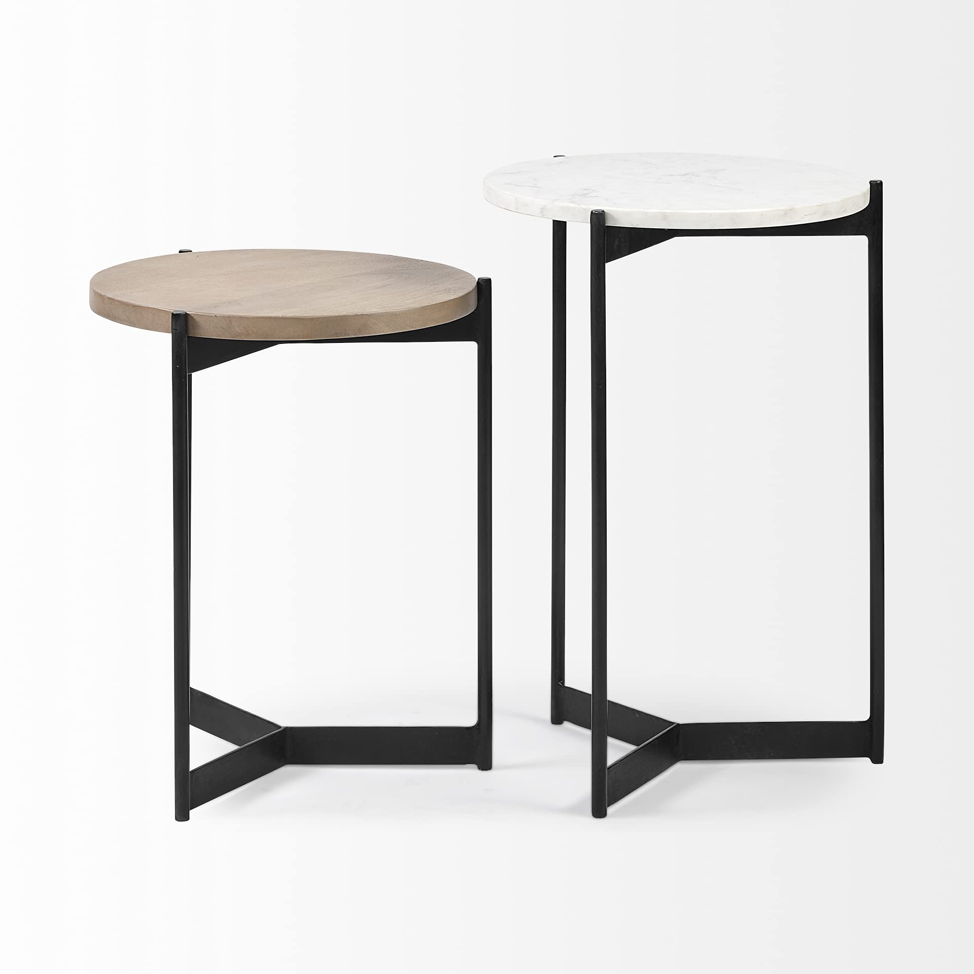 HomeRoots Black Metal Set of 2 Medium Brown Wood Round Top Side Tables with Marble Nesting