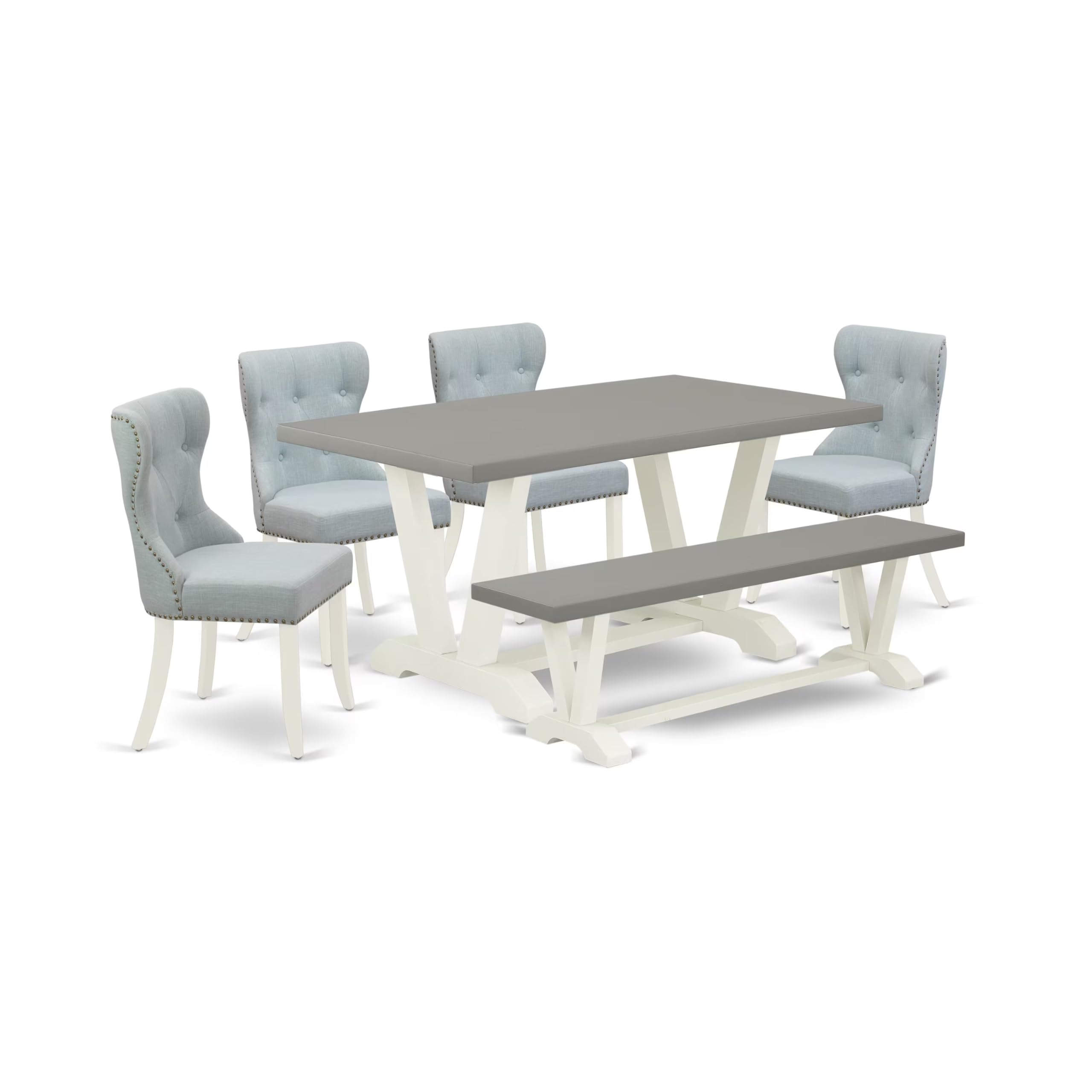 East West Furniture V096Si215-6 6 Piece Dining Table Set Contains A Rectangle Dining Room Table And 4 Baby Blue Linen Fabric Parson Chairs With A Bench, 36X60 Inch, Multi-Color