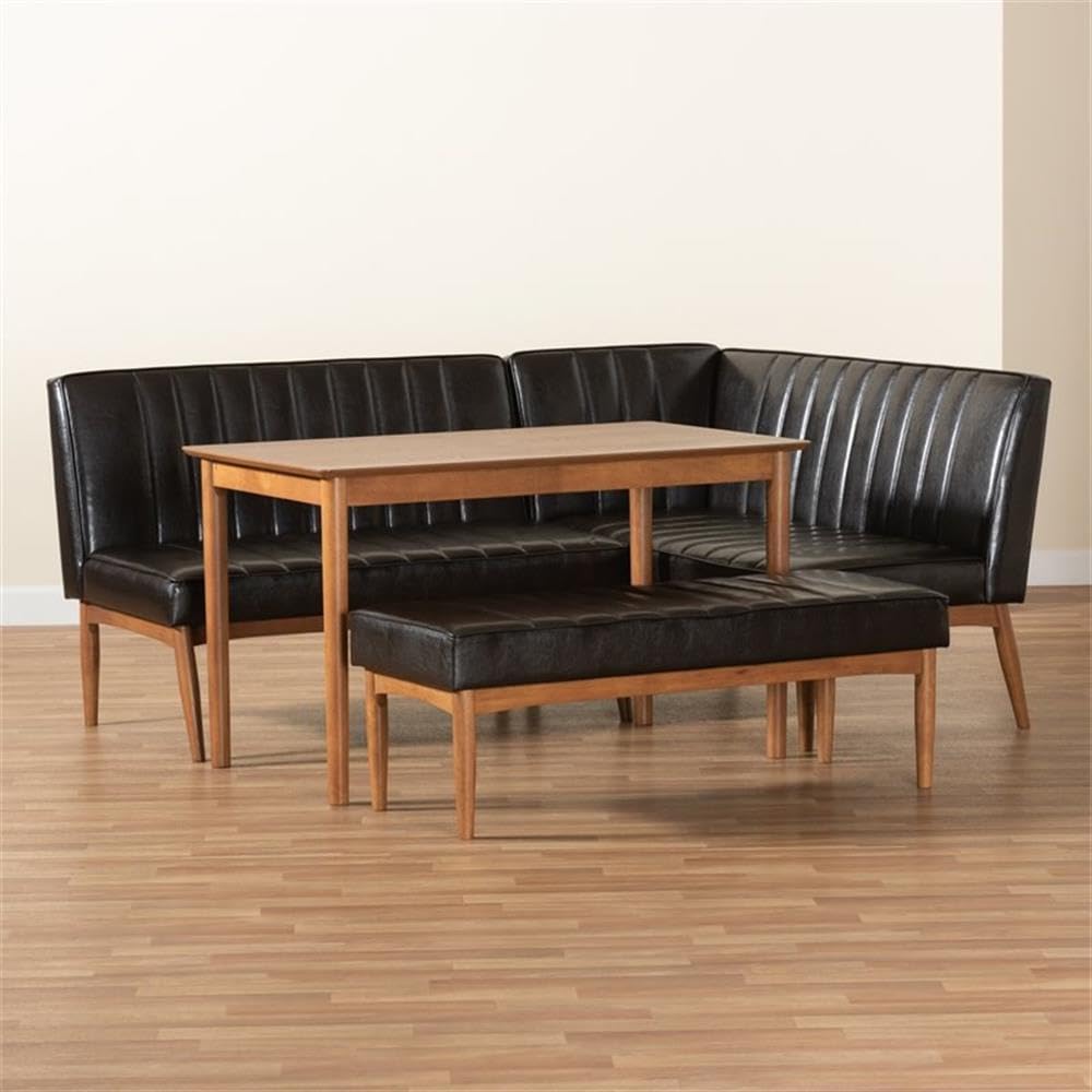 Baxton Studio Daymond Mid-Century Modern Dark Brown Faux Leather Upholstered and Walnut Brown Finished Wood 4-Piece Dining Nook Set