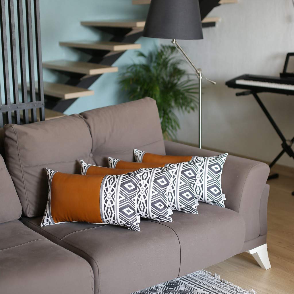 HomeRoots Brown Set of 4 Gray and White Geo with Faux Leather Lumbar Pillow Covers