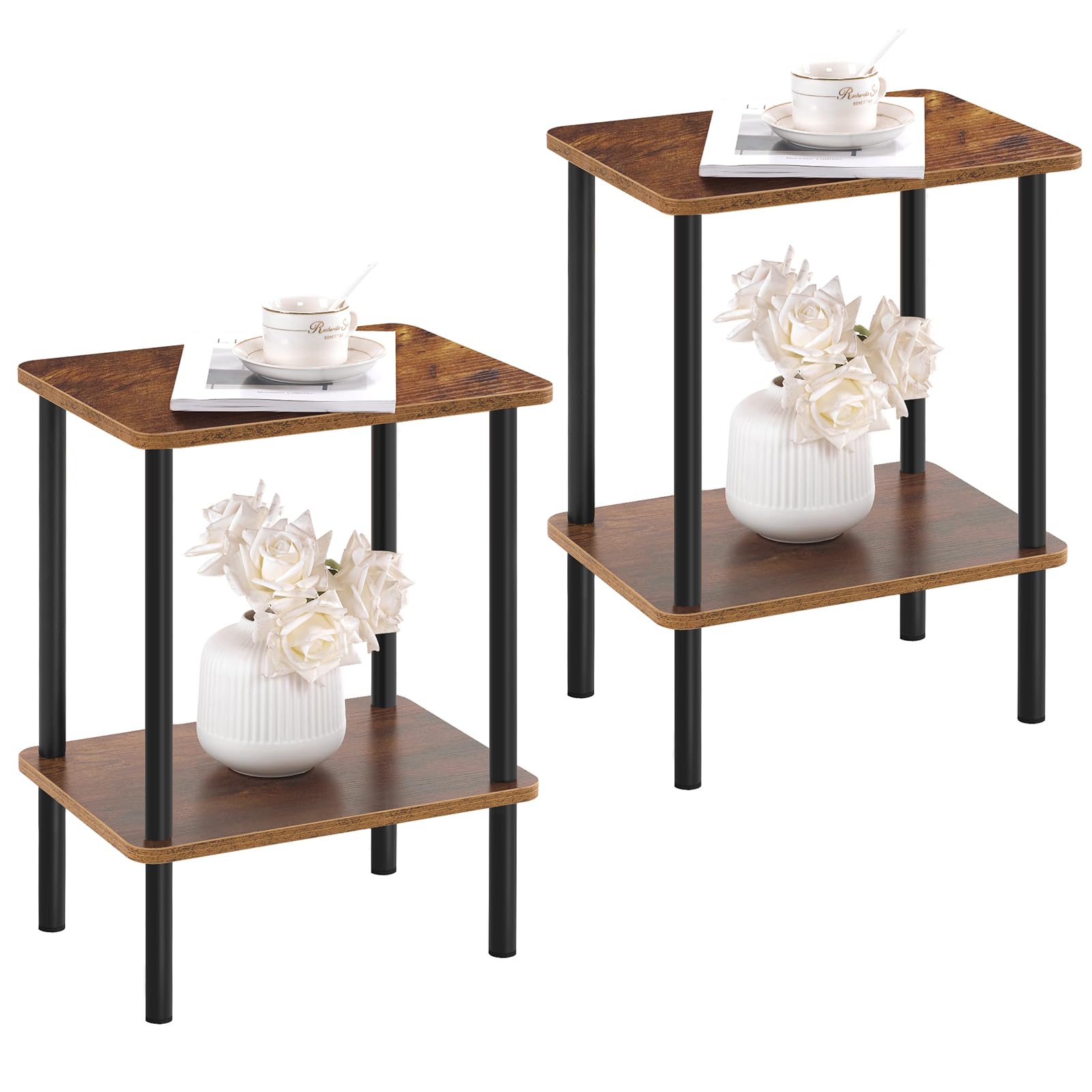 Apicizon 2 Tier End Table Set Of 2, Boho Side Table With Storage Shelf, Nightstand Bedside Table For Small Spaces, Bedroom, Living Room, Entryway, Farmhouse, Easy Assembly, Brown