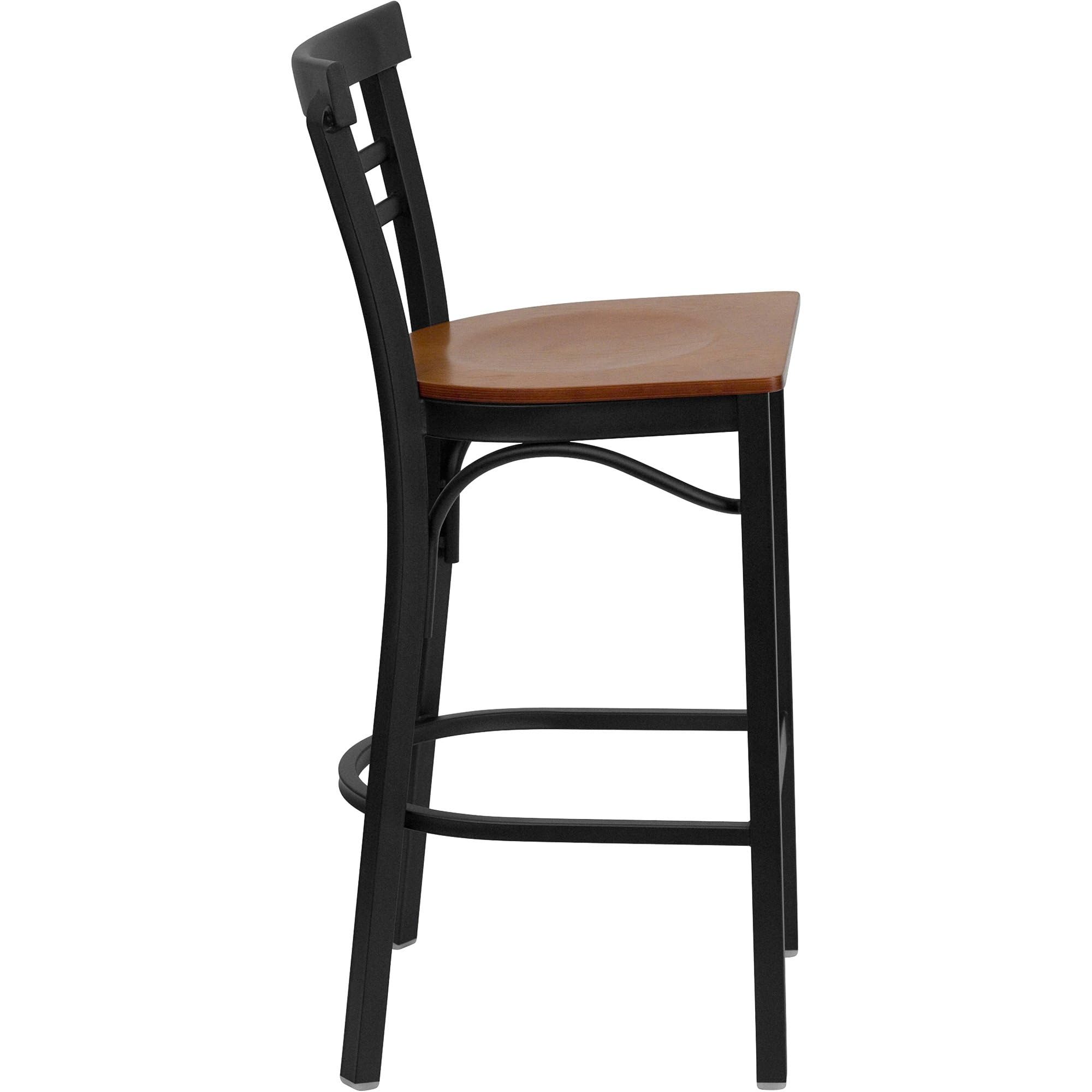Flash Furniture HERCULES Series Black Two-Slat Ladder Back Metal Restaurant Barstool - Cherry Wood Seat