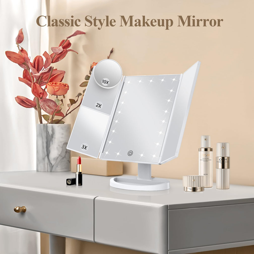 Huonul Makeup Mirror Vanity Mirror With Lights, 2X, 3X, 10X Magnification, Touch Control, Trifold, White, 9.4'L X 13.4'W, Modern Style, Dresser Mount, Bathroom