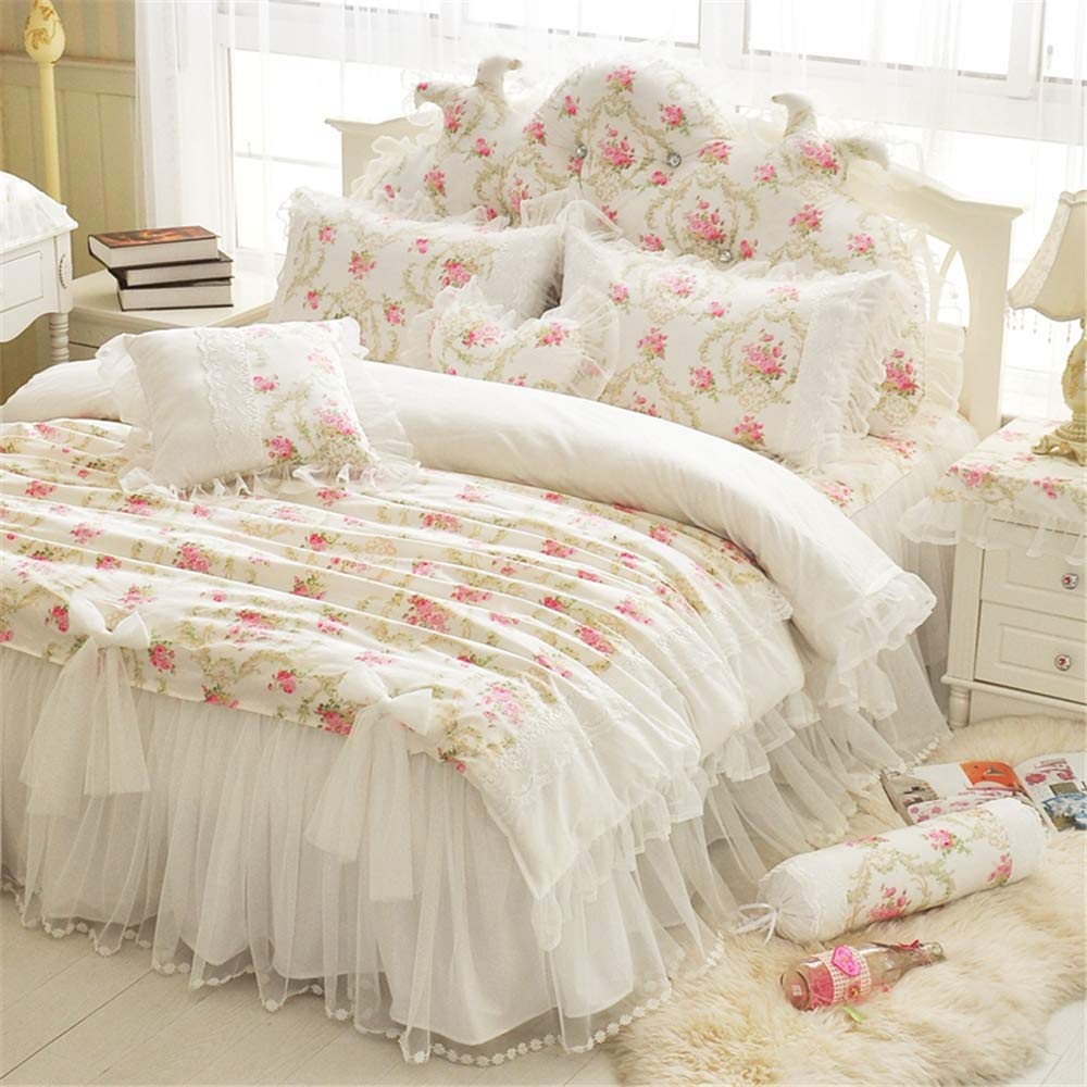 Lelva Girls Bedding Set Lace Ruffle Duvet Cover Sets With Bed Skirt Princess Bedding Set Vintage Floral Print Duvet Cover Twin S