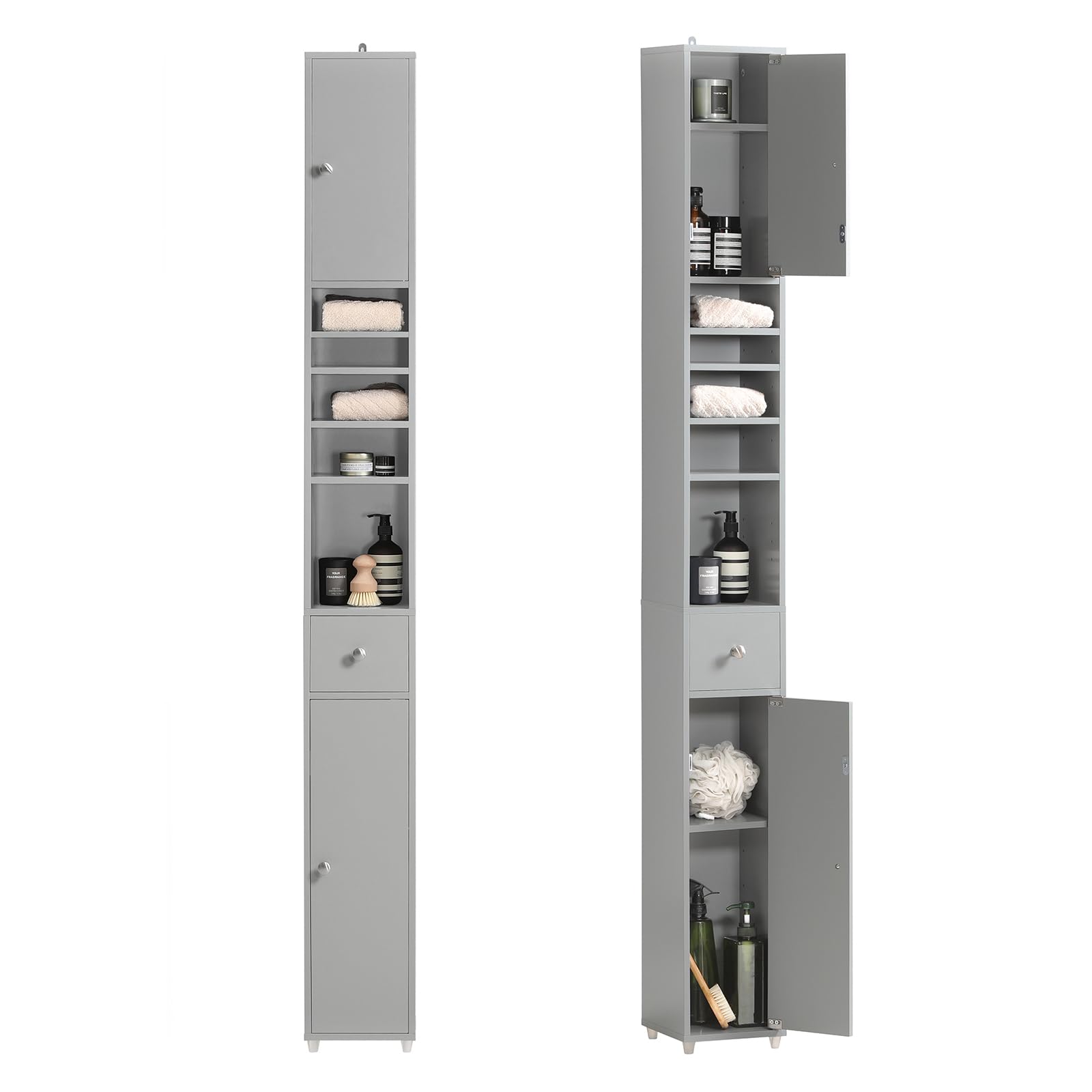 Haotian Bathroom Narrow Storage Cabinet Skinny Tall Unit With Adjustable Shelves Slender Anti-Tipping Floor Standing Cupboard, Gray Bzr34-Hg