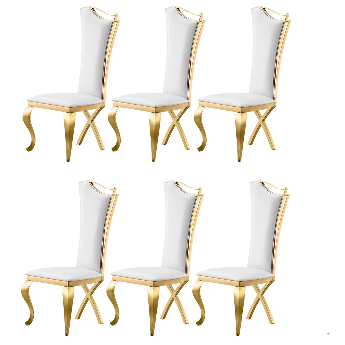 Elegant Dining Chairs Set Of 6, Modern Faux Leather Dining Room Chair W/Unique High Back Golden Stainess Legs,White Luxury Upholstered Accent Kitchen Chairs For Kitchen, Dining, Bedroom, Living Room