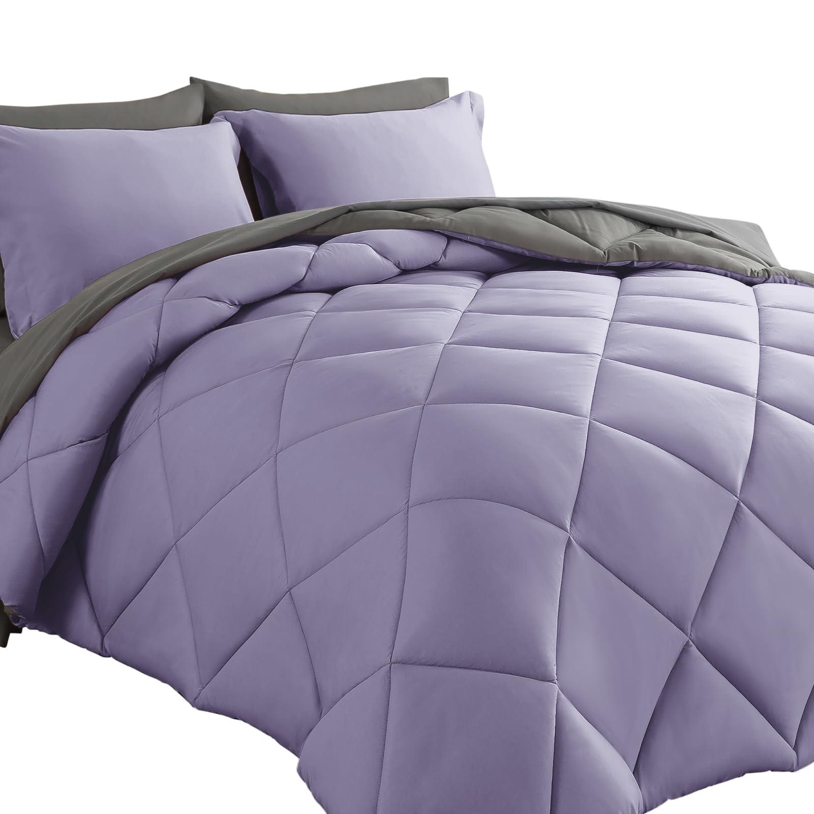 Cosybay Bed In A Bag King Reversible Comforter Sets 7Pcs All Season Down Alternative Bedding Sets Lavender And Grey With Comfort