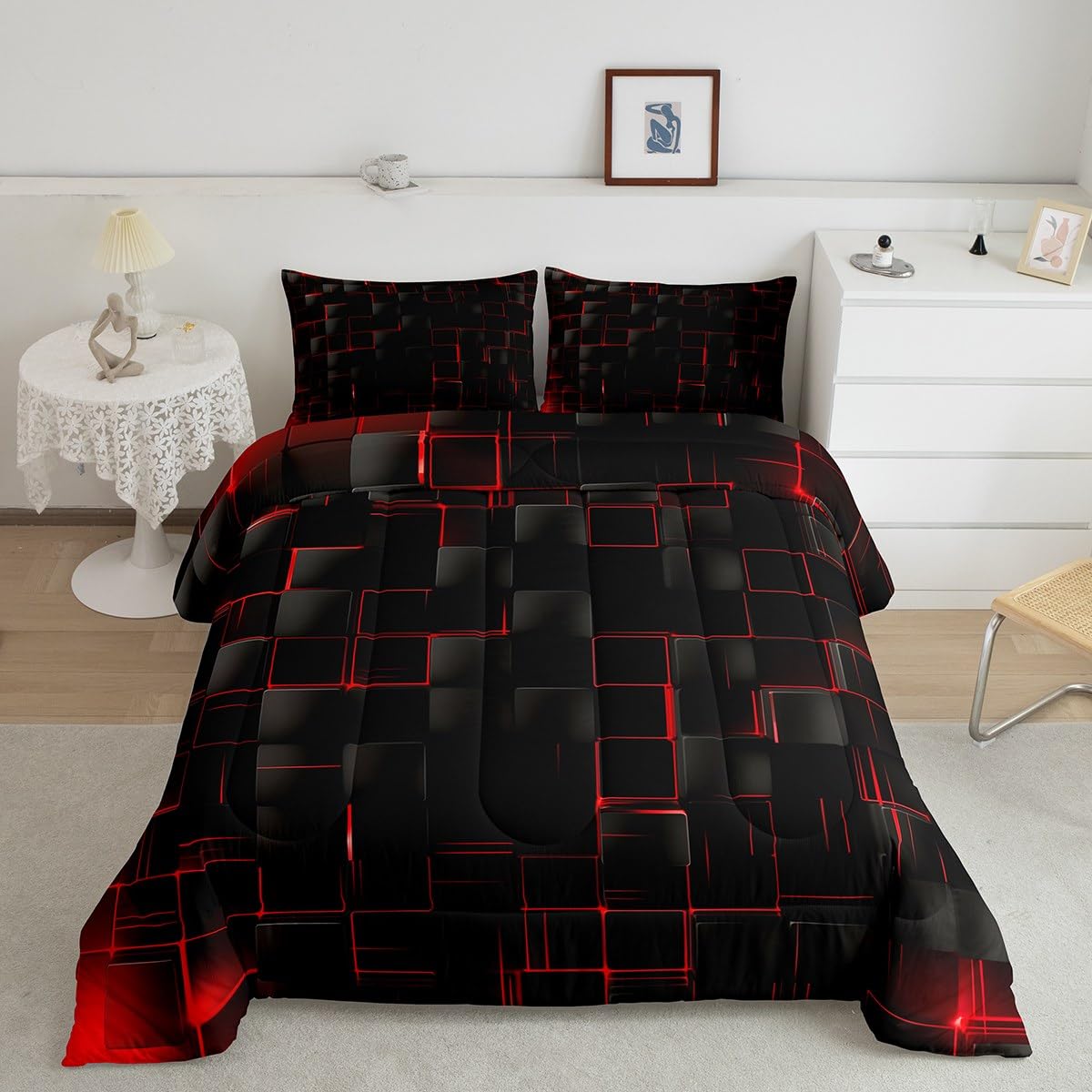 Manfei Geometric Grid Comforter Set King Size, Red And Black Checkered Bedding Quilt Set, Men Women Bedroom Decor, Modern Abstra