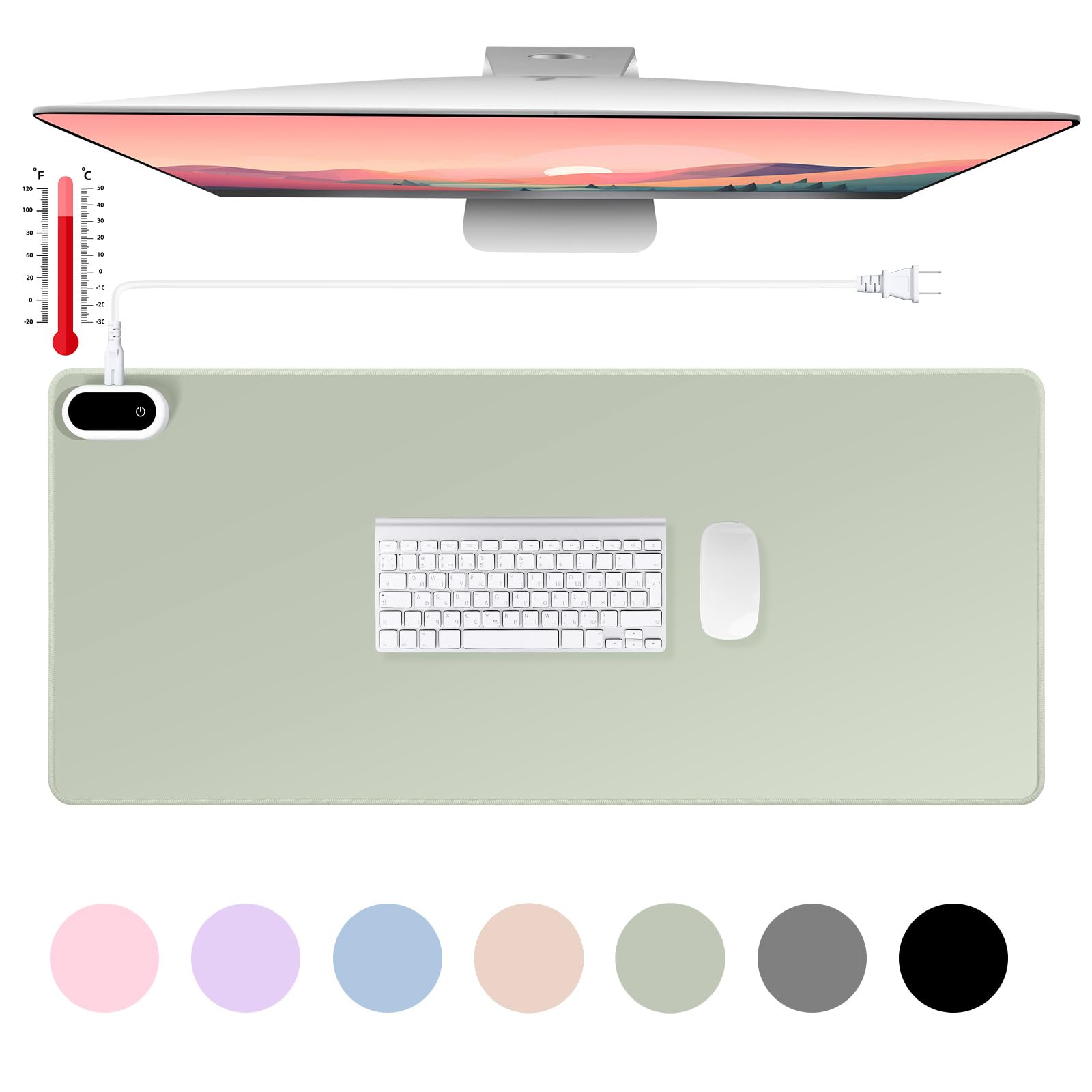 Konohan Heated Large Desk Mat Pu Leather Warm Mouse Pad With 5 Heating Levels & 4 Hour Auto Shut-Off, Gray-Green Color, 31.5' X