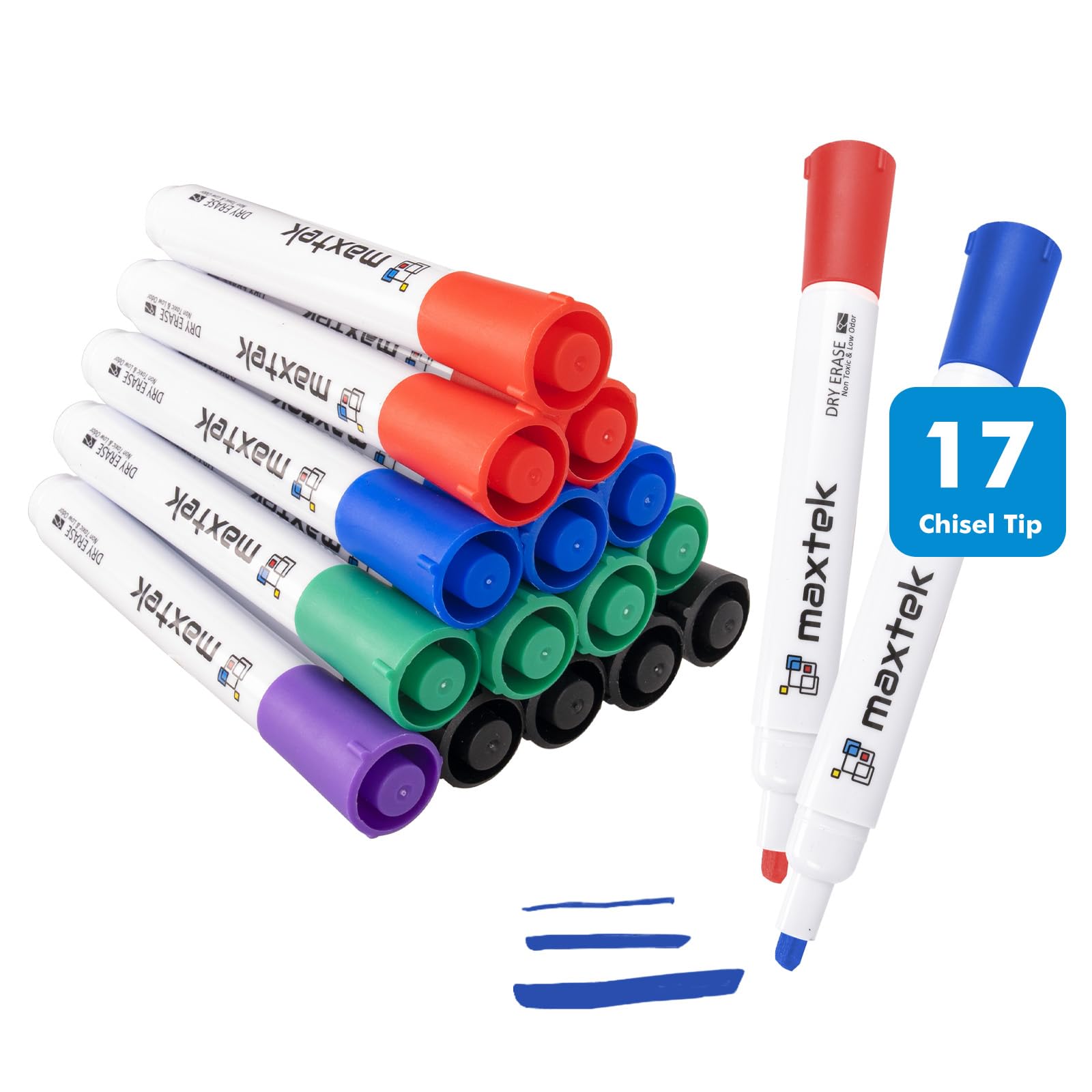 Maxtek Dry Erase Markers Chisel Tip, 17 Count 5 Colors Whiteboard Markers, Low Odor Dry Erase Markers