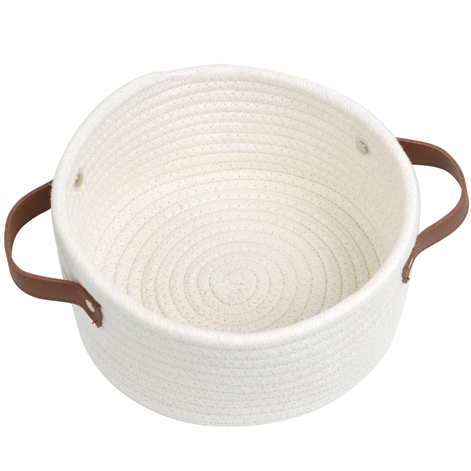Small Woven Basket, Cute Mini Cotton Rope Storage Basket with leather handle, Tiny Decorative Round Storage Bin, Boho Empty Gift