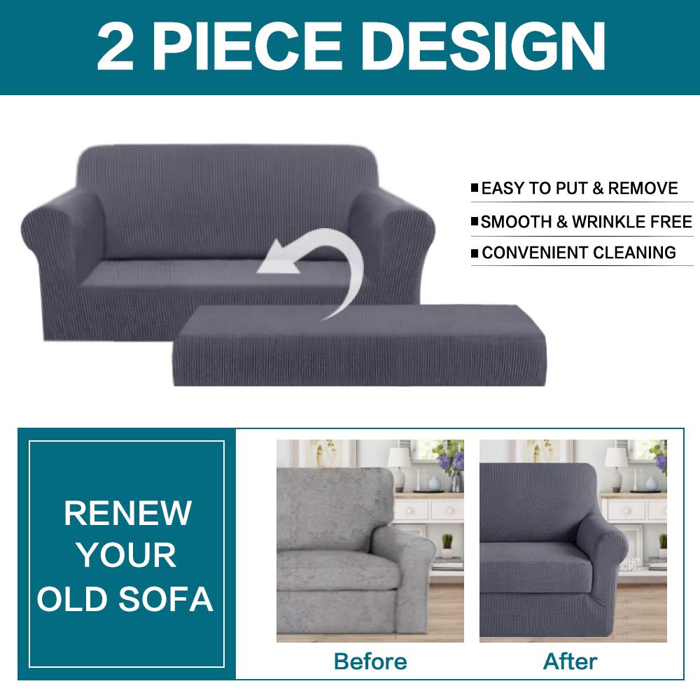 Turquoize Stretch Sofa Slipcover 2 Pieces Sofa Cover Couch Cover For 2 Cushion Couch Washable Furniture Protector Covers With Elastic Bottom Feature Thick Jacquard Fabric (Loveseat, Grey)