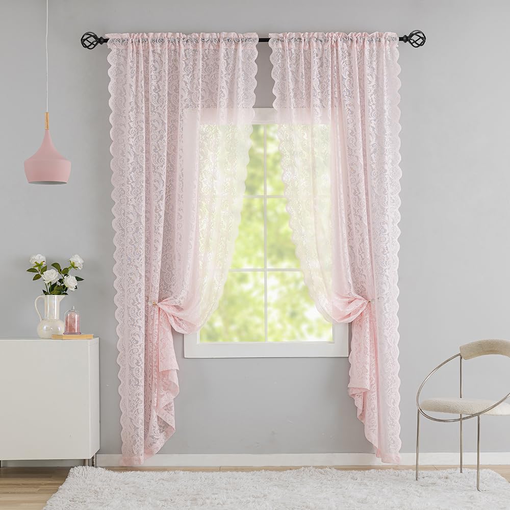 Pink Boho Curtains 96 Inches Long Vintage Lace Curtains For Living Room Dormitory Nursery Room Voile Drapes Semi Sheer Teen Girl