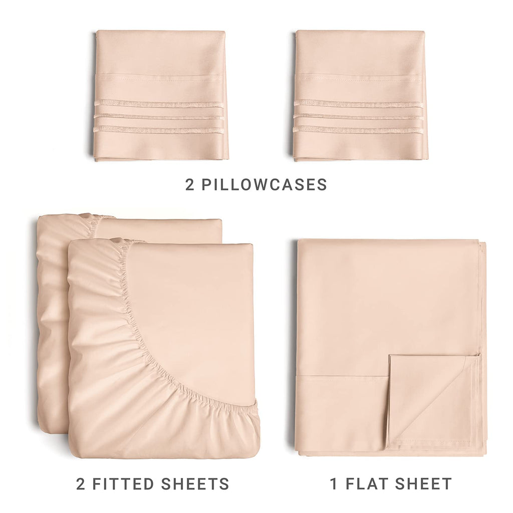 Split King Size 5 Piece Bedding Sheet Set - Breathable & Cooling - Hotel Luxury Bed Sheets Set - Easy Fit - Soft, Wrinkle Free & Comfy Cream Pink Oeko-Tex Bedding Sheets - Deep Pockets 5 Piece Set