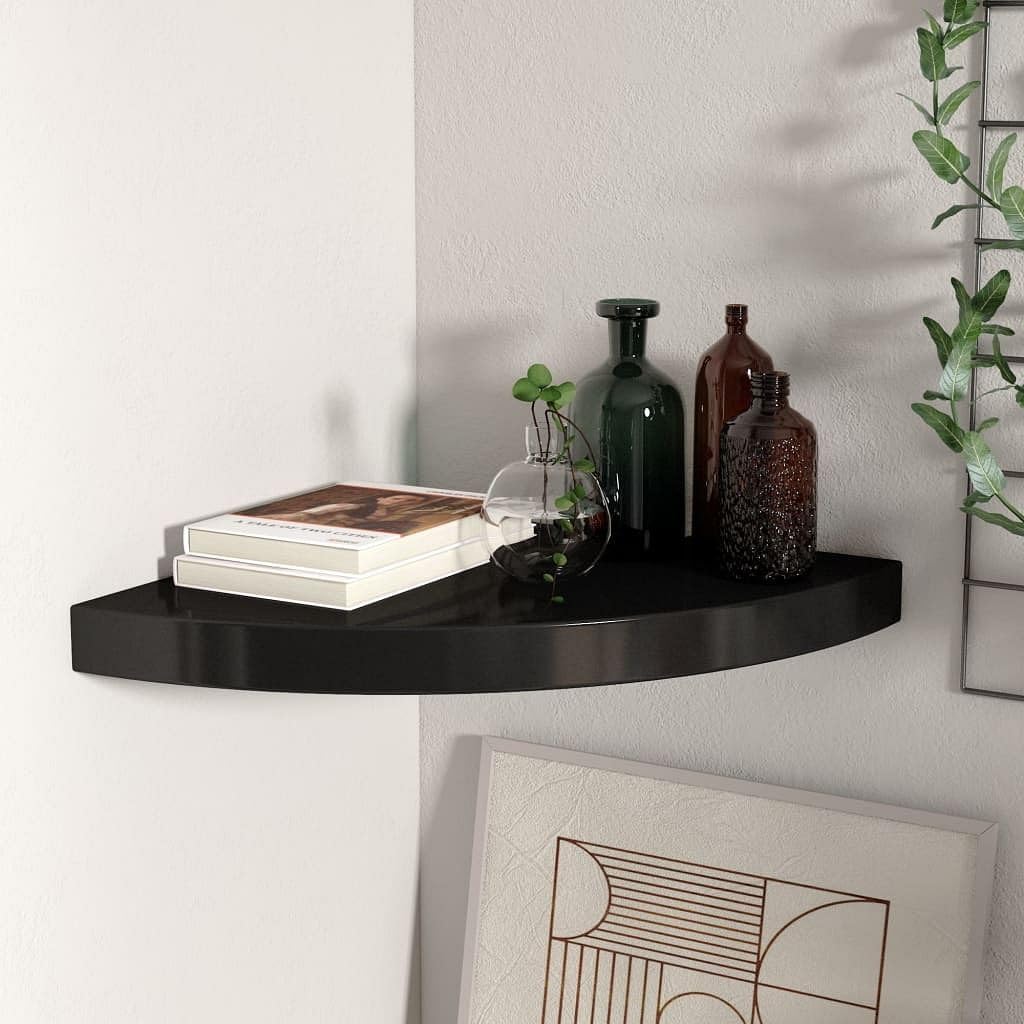 vidaXL Stylish Floating Corner Shelf - 13.8&quot;x13.8&quot;x1.5&quot; - Quality Honeycomb MDF, Sturdy Metal - Black - Wall Mount - Modern Decor Display