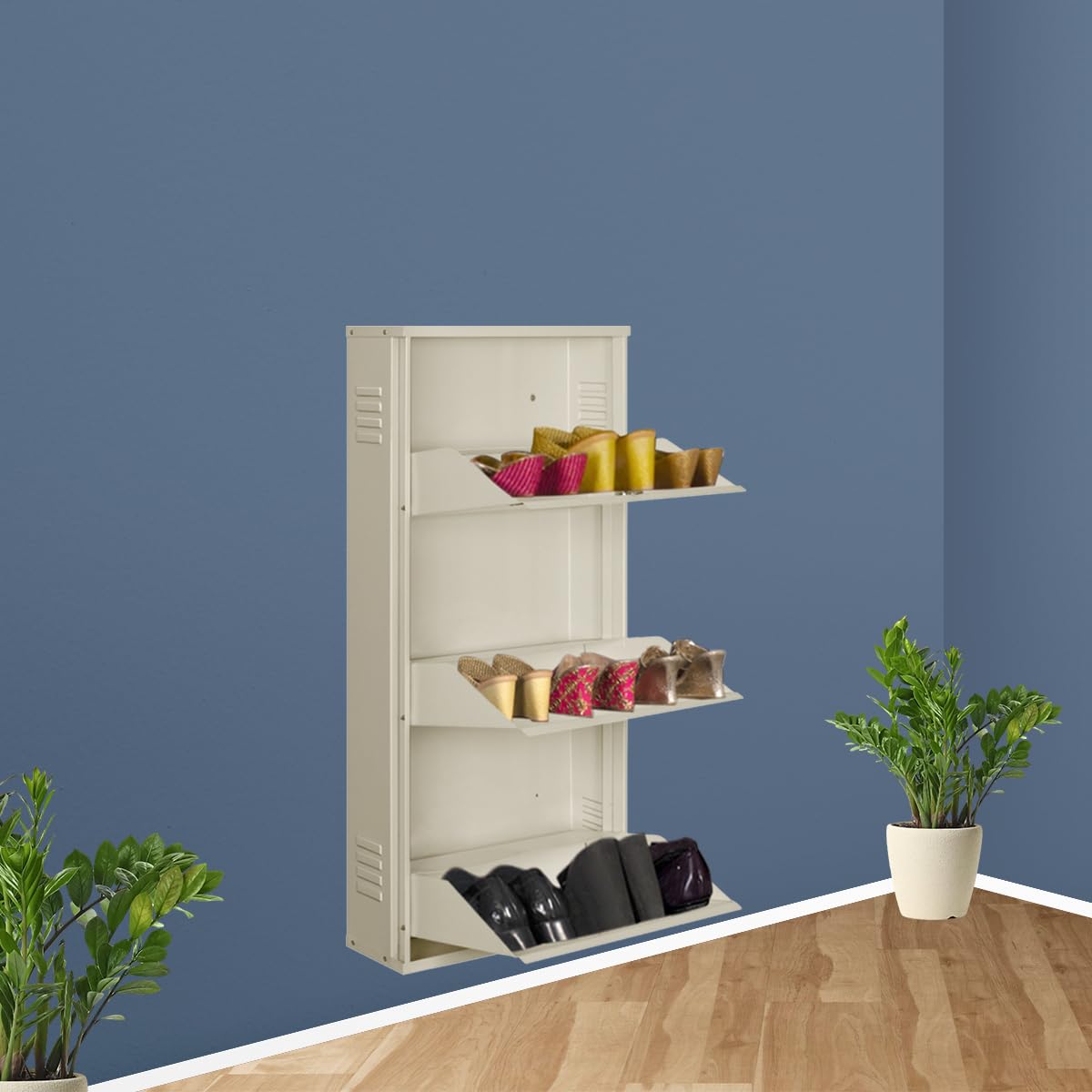 Delite Kom 20 Inch Wide, 3 Shelf Metal Shoe Rack Wall Mounted For Home With Central Lock | Holds Upto 8 Shoes Or 12 Slippers Pai