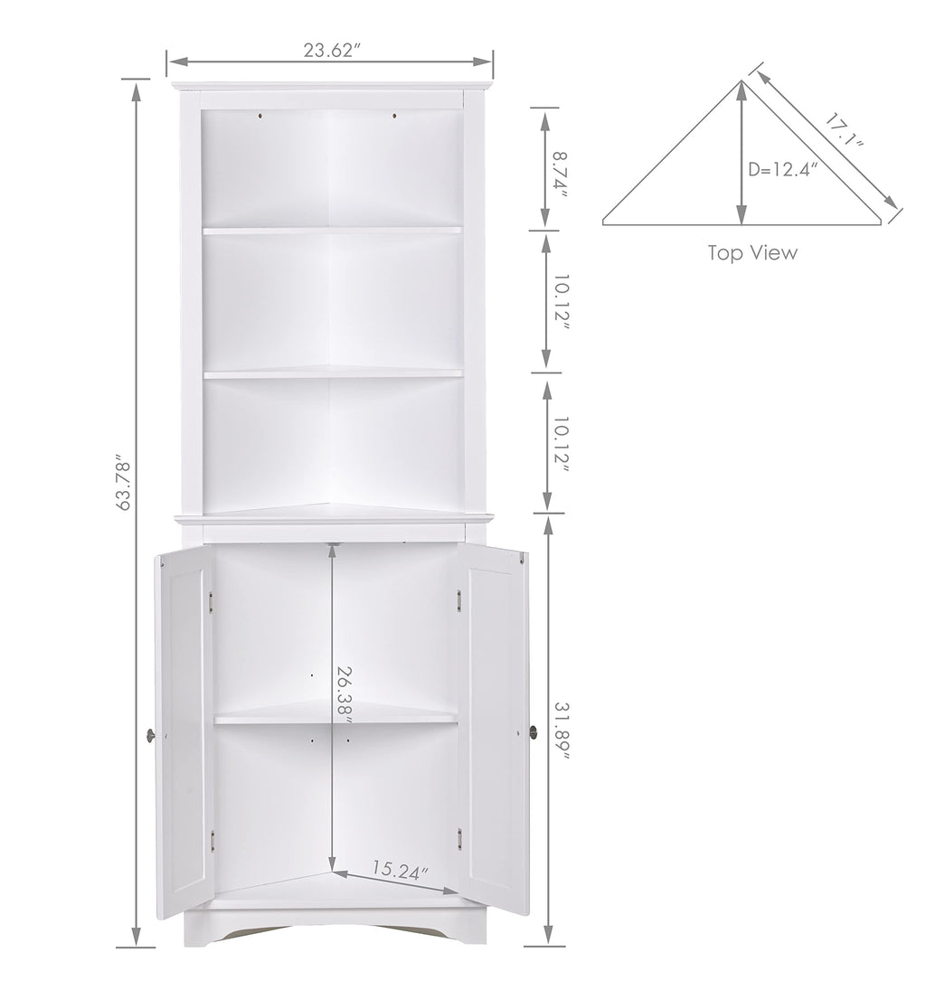 Spirich Tall Corner Cabinet With Doors And Shelves, Freestanding Corner Storage Cabinet For Bathroom, Kitchen, Living Room, White