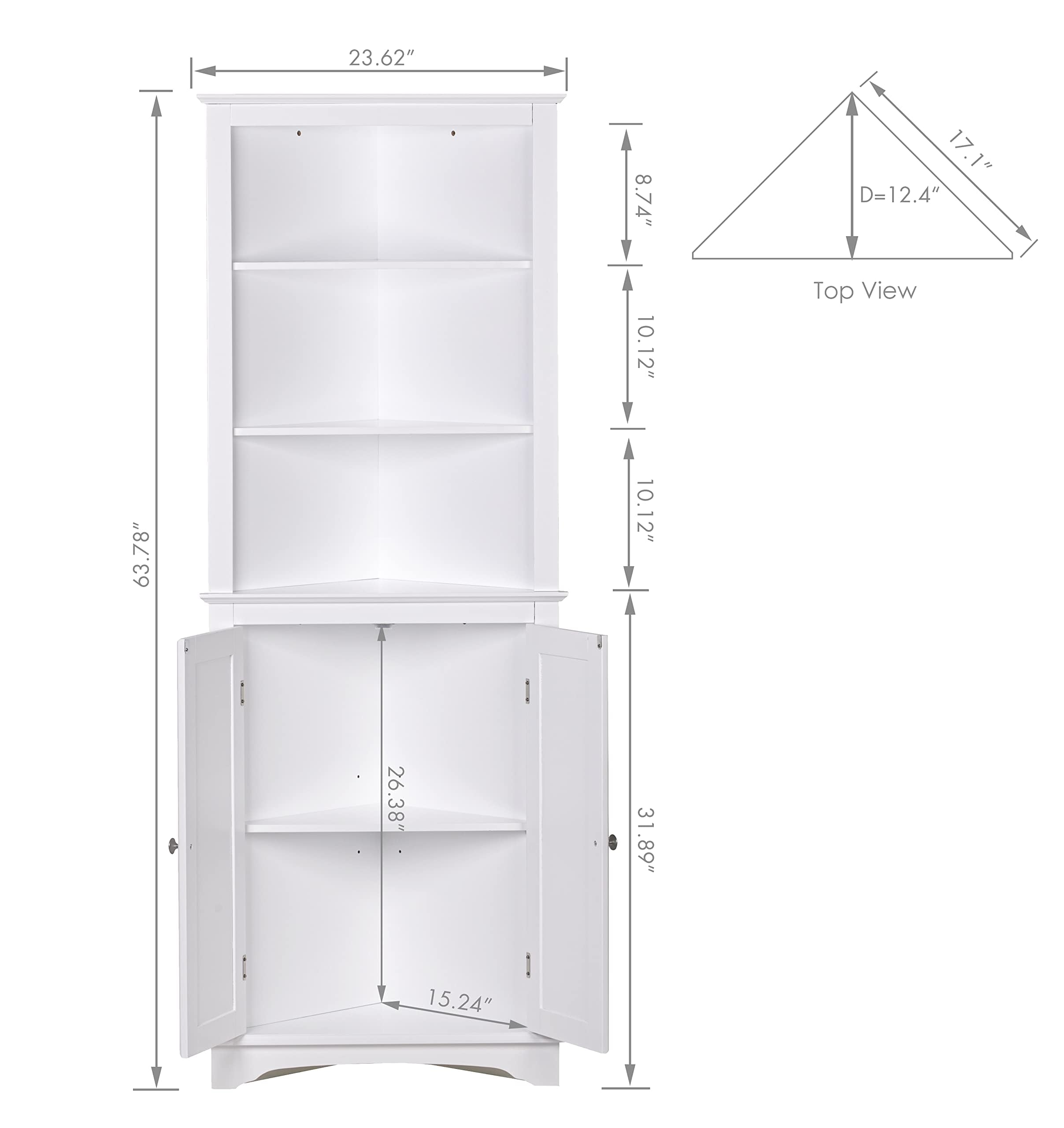 Spirich Tall Corner Cabinet With Doors And Shelves, Freestanding Corner Storage Cabinet For Bathroom, Kitchen, Living Room, White