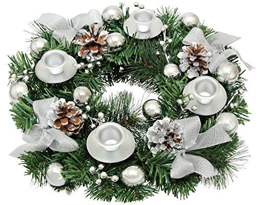 Silver Ribbon Christmas Advent Wreath - Advent Season Centerpiece D  cor - Advent Candle Holder and X-mas Candles Decorations - 