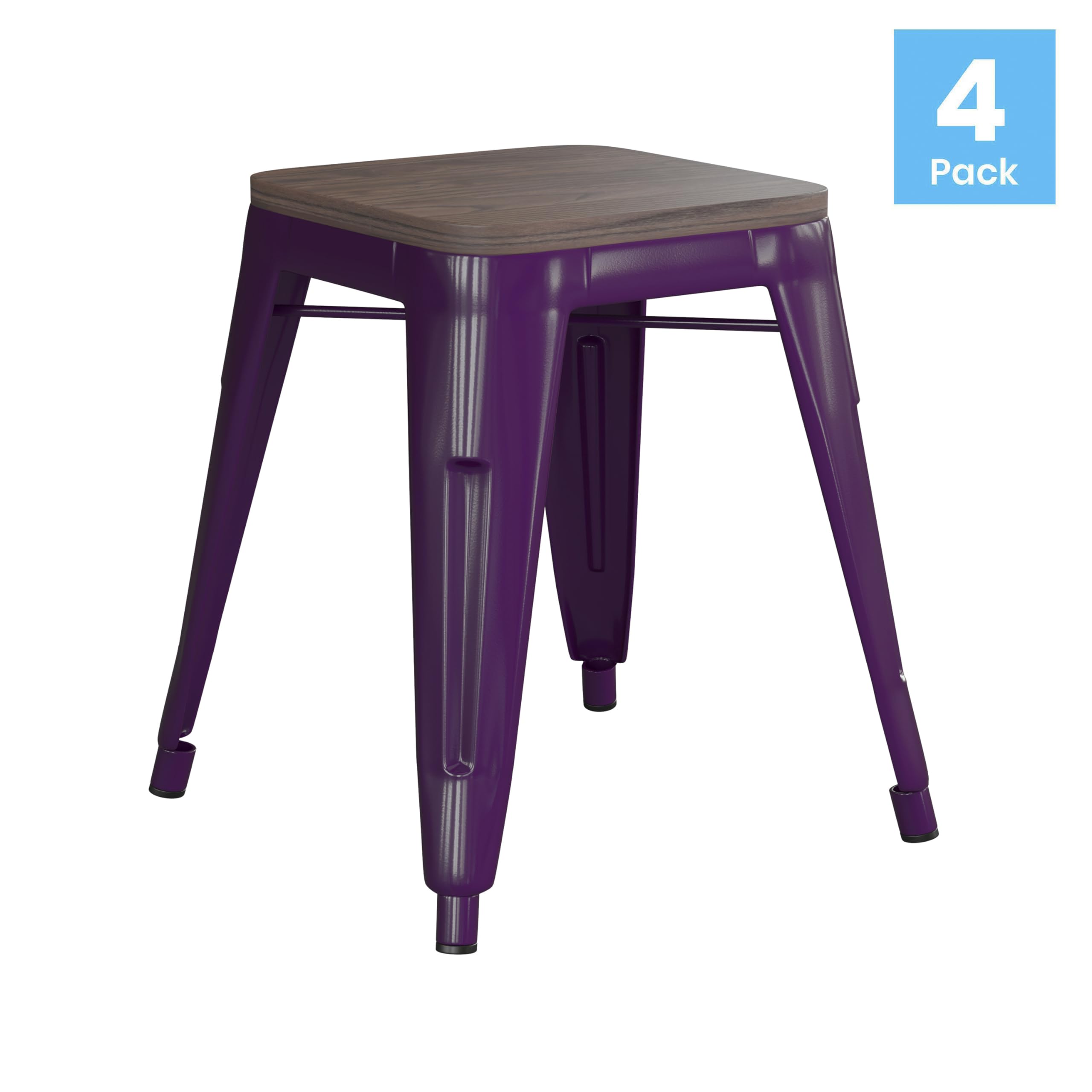Flash Furniture Metal Dining Table Height Stool with Wooden Seat Set of 4 - Backless Purple Kai Commercial Grade Stool - Kai 18&quot; Stackable Dining Chairs