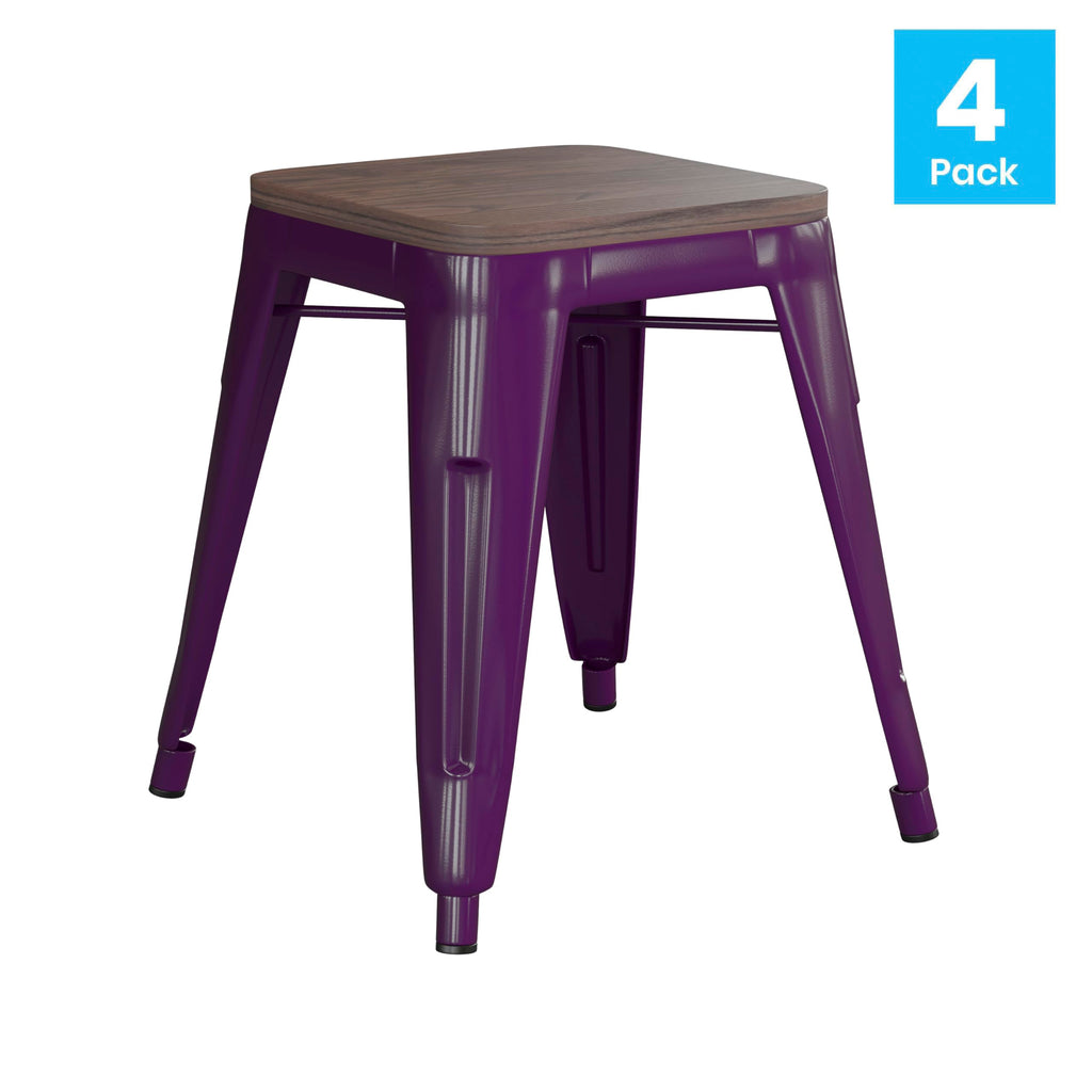 Flash Furniture Metal Dining Table Height Stool with Wooden Seat Set of 4 - Backless Purple Kai Commercial Grade Stool - Kai 18" Stackable Dining Chairs