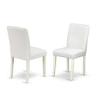 East West Furniture Suab3-Lwh-64 3 Piece Modern Dining Table Set Contains A Round Wooden Table With Dropleaf & Shelves And 2 White Faux Leather Parson Dining Chairs, 42X42 Inch, Linen White
