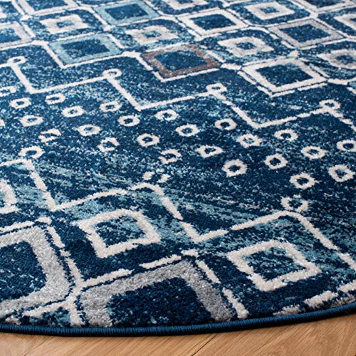 Safavieh Amsterdam Collection 5'1'' Round Navy/Beige Ams108N Moroccan Boho Non-Shedding Living Room Dining Bedroom Area Rug