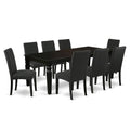 East West Furniture Lgdr9-Blk-24 9 Piece Dining Room Set Includes A Rectangle Kitchen Table With Butterfly Leaf And 8 Black Color Linen Fabric Upholstered Chairs, 42X84 Inch, Black