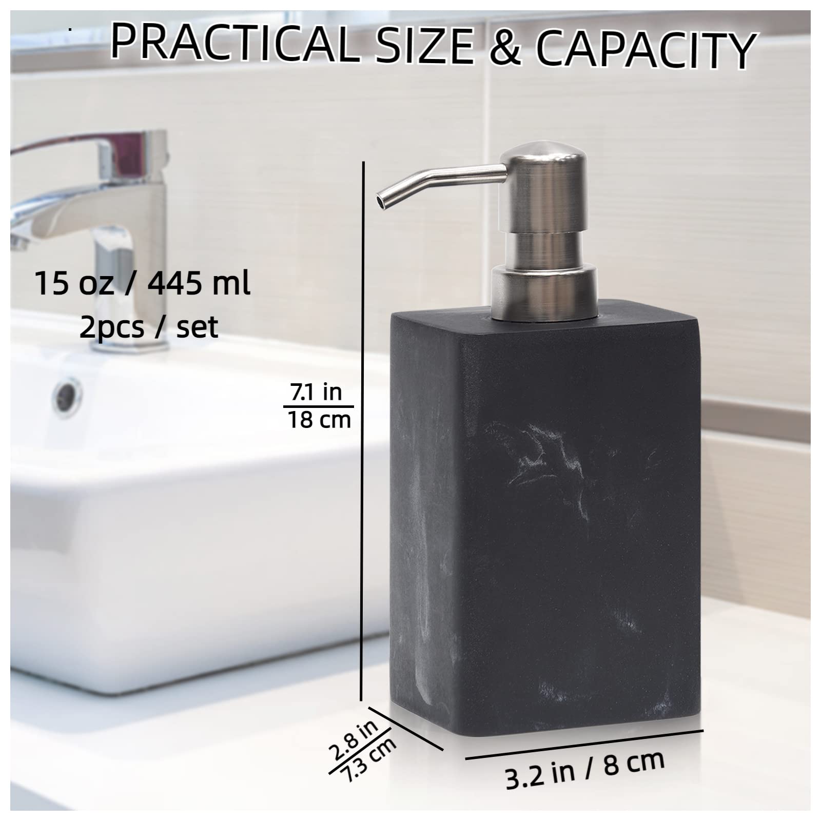 Suanti 2Pcs Hand Soap And Lotion Dispenser Sets For Bathroom Countertop,Black Marble Texture Resin Stone Liqiud Dish Soap Dispen