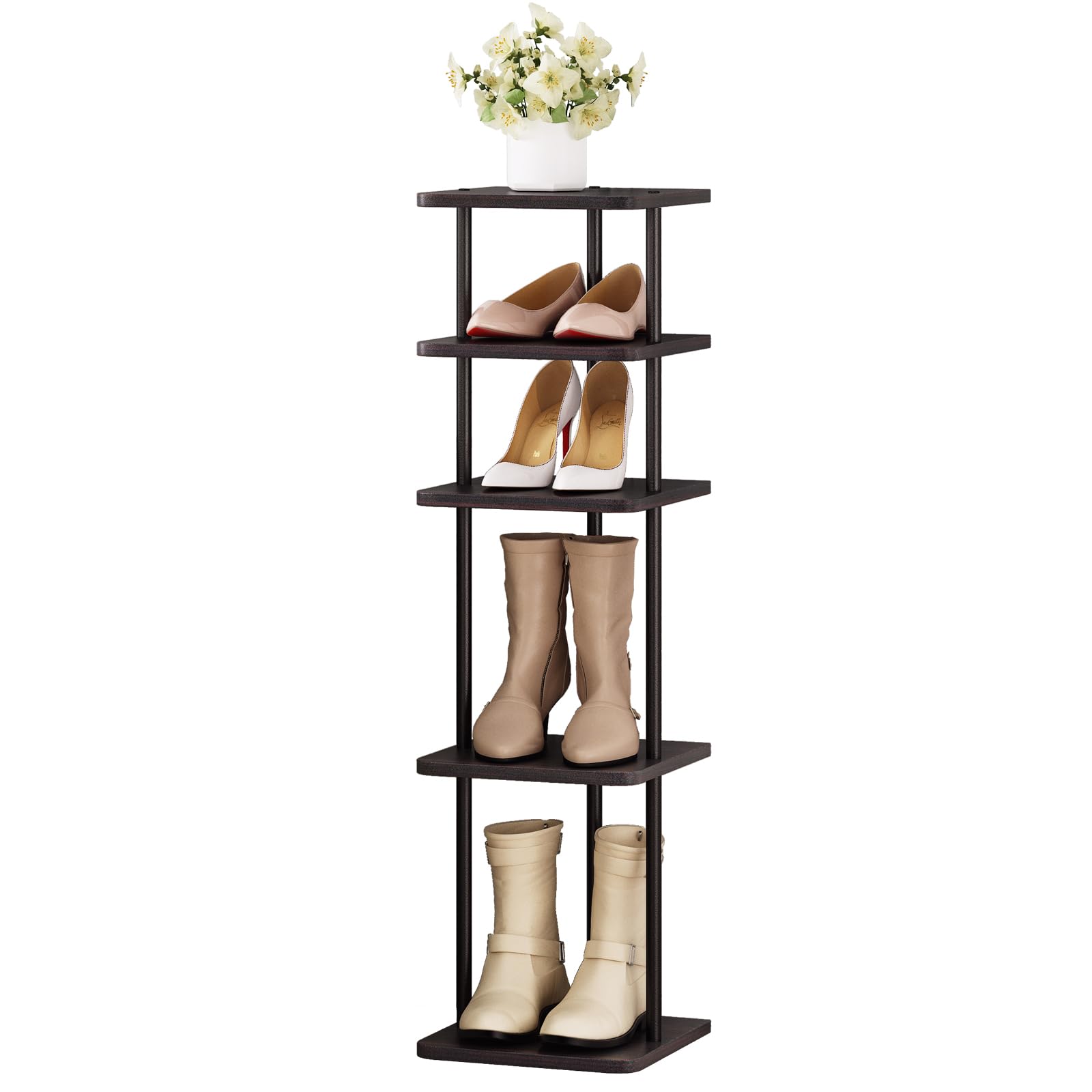 SORCEDAS Shoe Rack Vertical Narrow Shoe Shelf Storage 5 Tier Corner Shoe Organizer for Closet Entryway Garage(Black + Rustic Dar