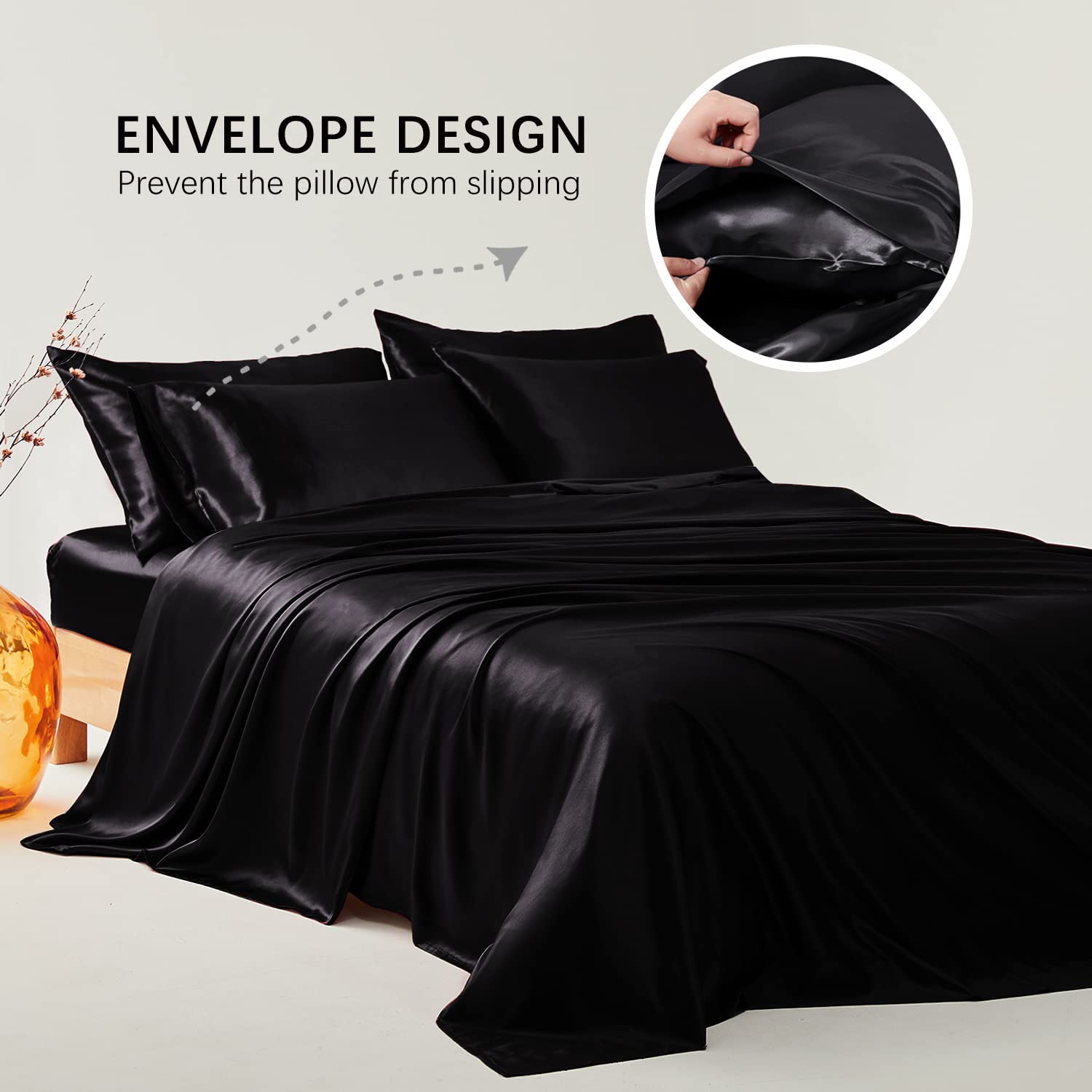 Candoury Queen Size Satin Sheets Bed Set 6 Pcs - Black Silky Bedding, Soft & Durable Pillowcases, Flat & Fitted Sheets - Hotel Luxury