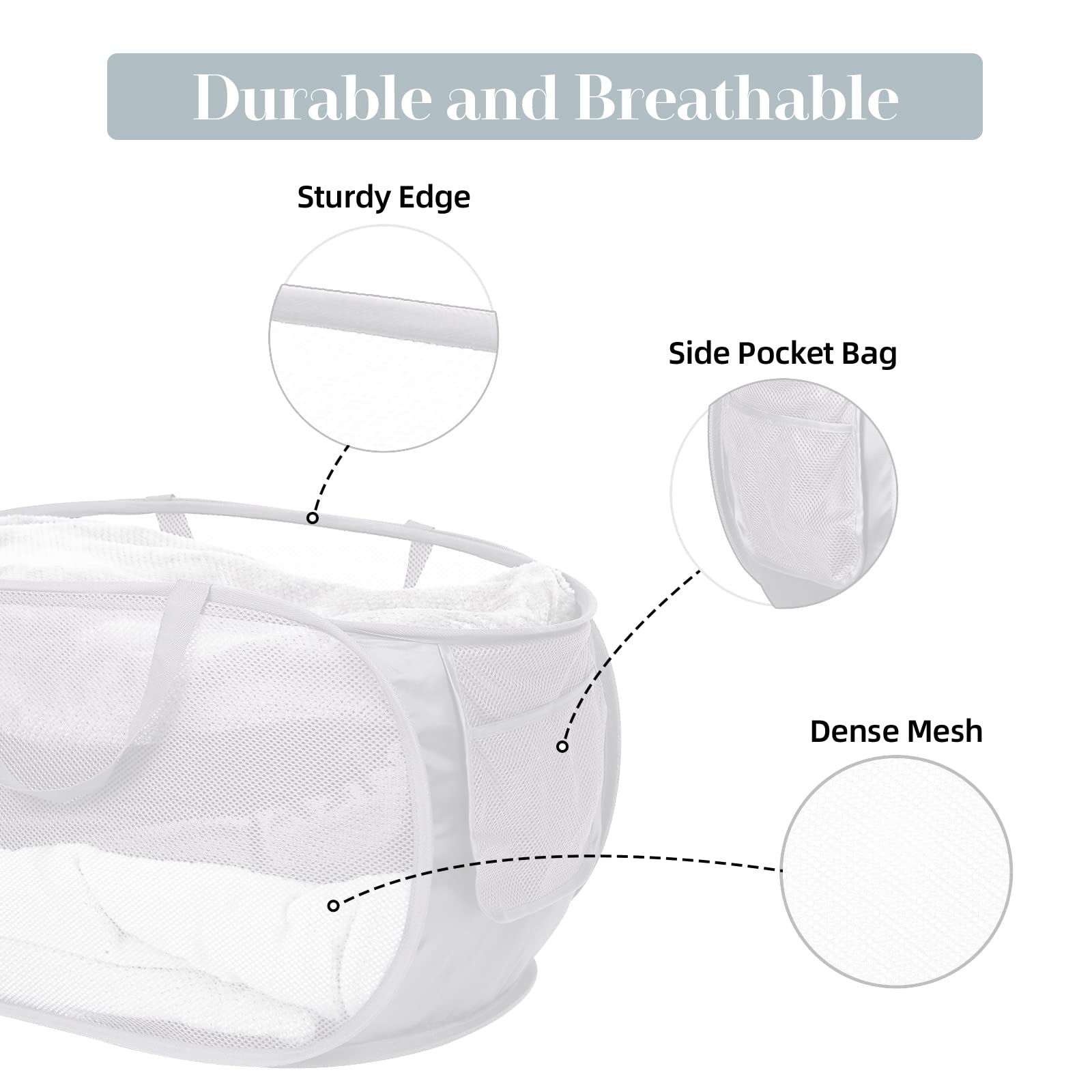 2 Pcs Durable Collapsible Laundry Baskets - Reinforced Mesh Pop Up Laundry Hamper With Pocket, Foldable Dirty Clothes Hamper Wit