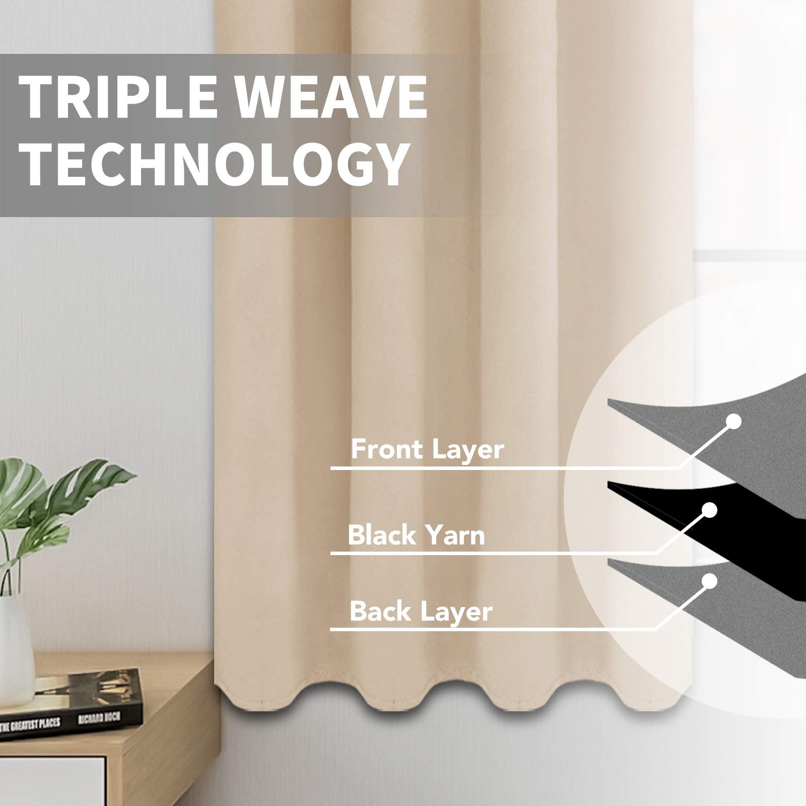 Easy-Going Blackout Curtains For Bedroom, Solid Thermal Insulated Grommet And Noise Reduction Window Drapes, Room Darkening Curtains For Living Room, 2 Panels (52X46 In, Light Linen)