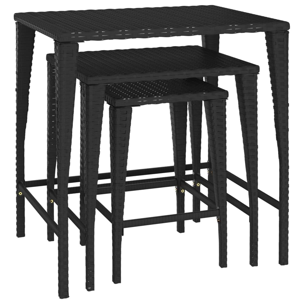 vidaXL Black Poly Rattan Nesting Tables - Weather-Resistant, Easy to Clean, Versatile for Indoor and Outdoor use, with Sturdy Steel Frames