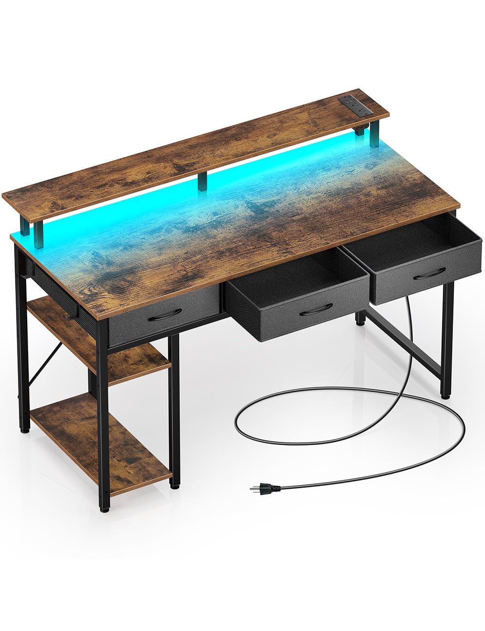 Rolanstar Computer Desk With Power Outlets & Led Light, 47 Inch Home Office Desk With 3 Drawers And Storage Shelves, Writing Desk With Monitor Stand, Work Study Desk For Home Office,Rustic Brown
