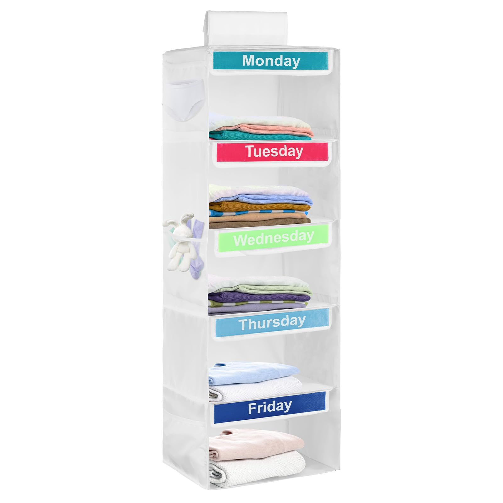 Weekly Clothes Organiser For Kids, 5Shelf Hanging Storage Organiser For Daily Clothing, Day Of The Week Children Clothes Organi