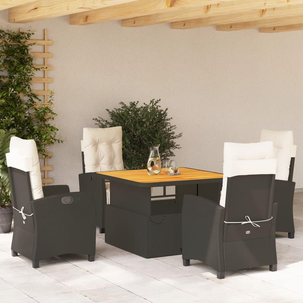 vidaXL 5 Piece Patio Dining Set - Black Poly Rattan with Cream Cushions, Adjustable Table, Reclining Chairs