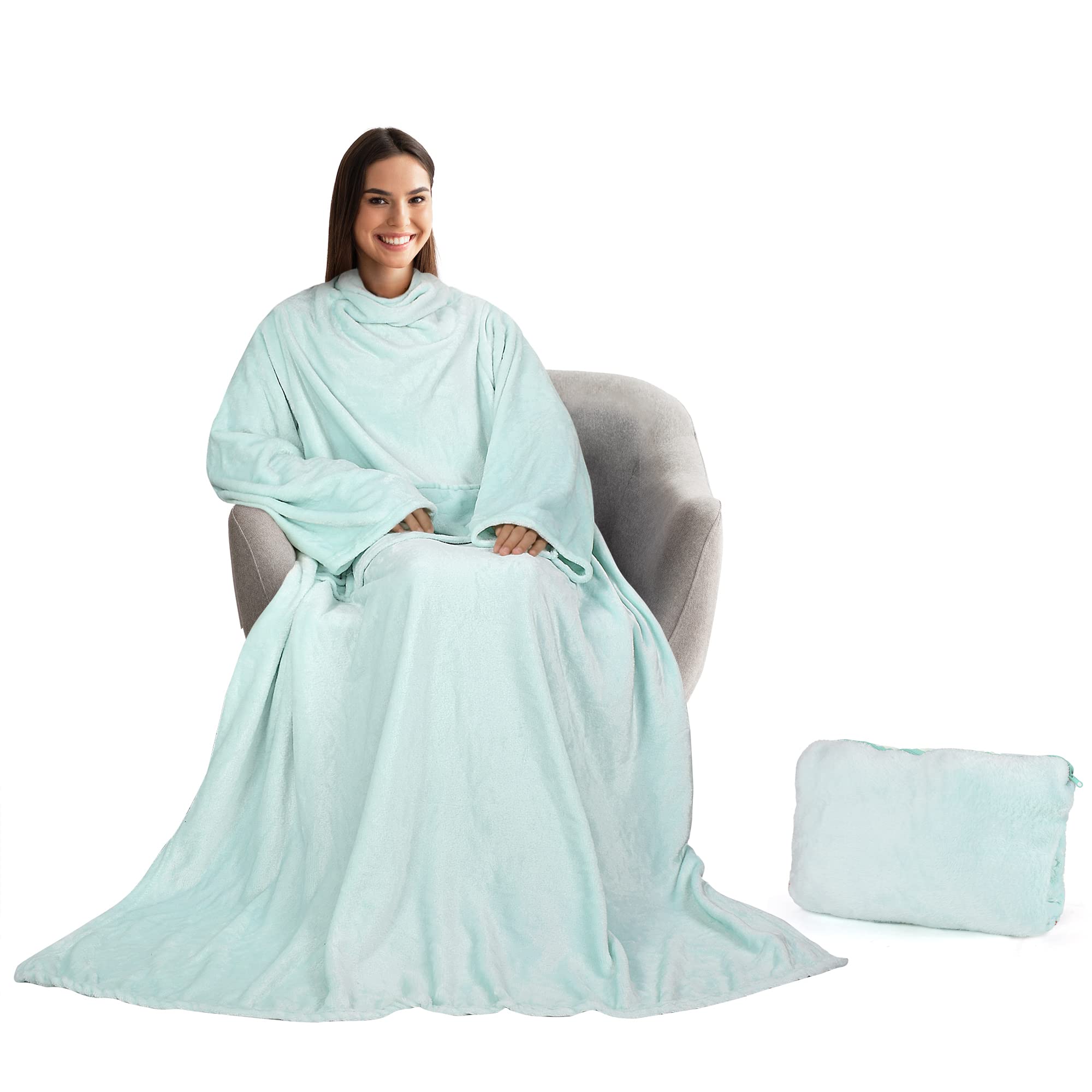 Tirrinia Wearable Blanket with Sleeves and Pocket, Super Soft Plush Fleece Sleeved Blanket for Adults in Plaid Red,Great