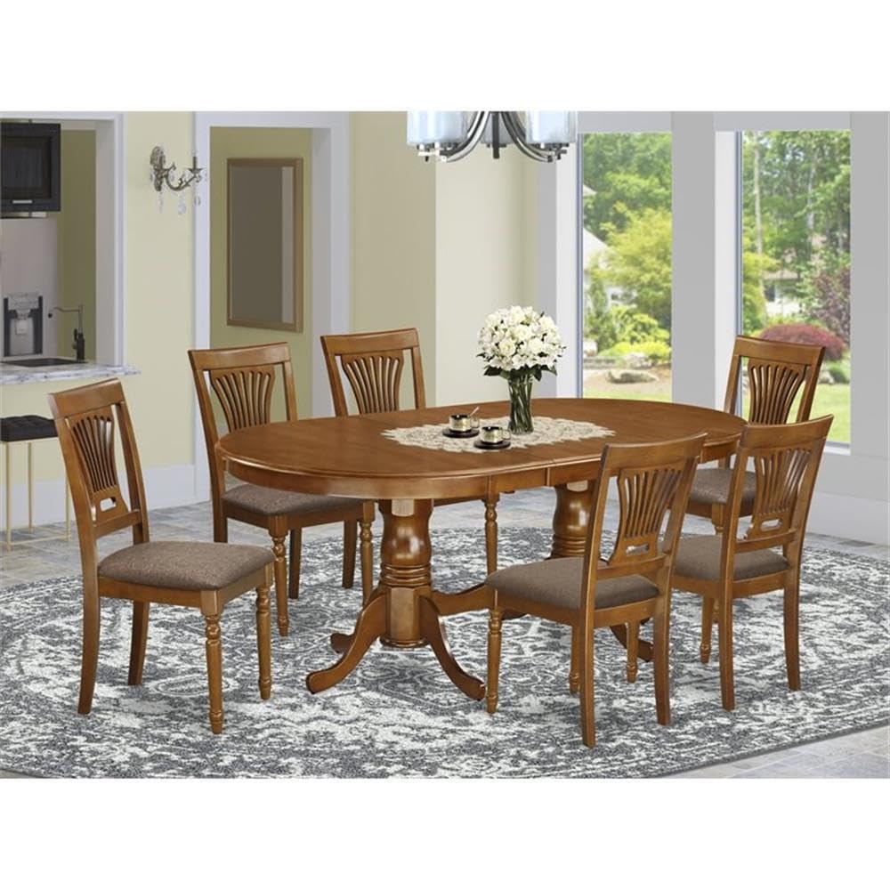 East West Furniture PLAI7-SBR-C 7 Piece Kitchen Table Set Consist of an Oval Dining Table with Butterfly Leaf and 6 Linen Fabric Dining Room Chairs, 42x78 Inch, Saddle Brown