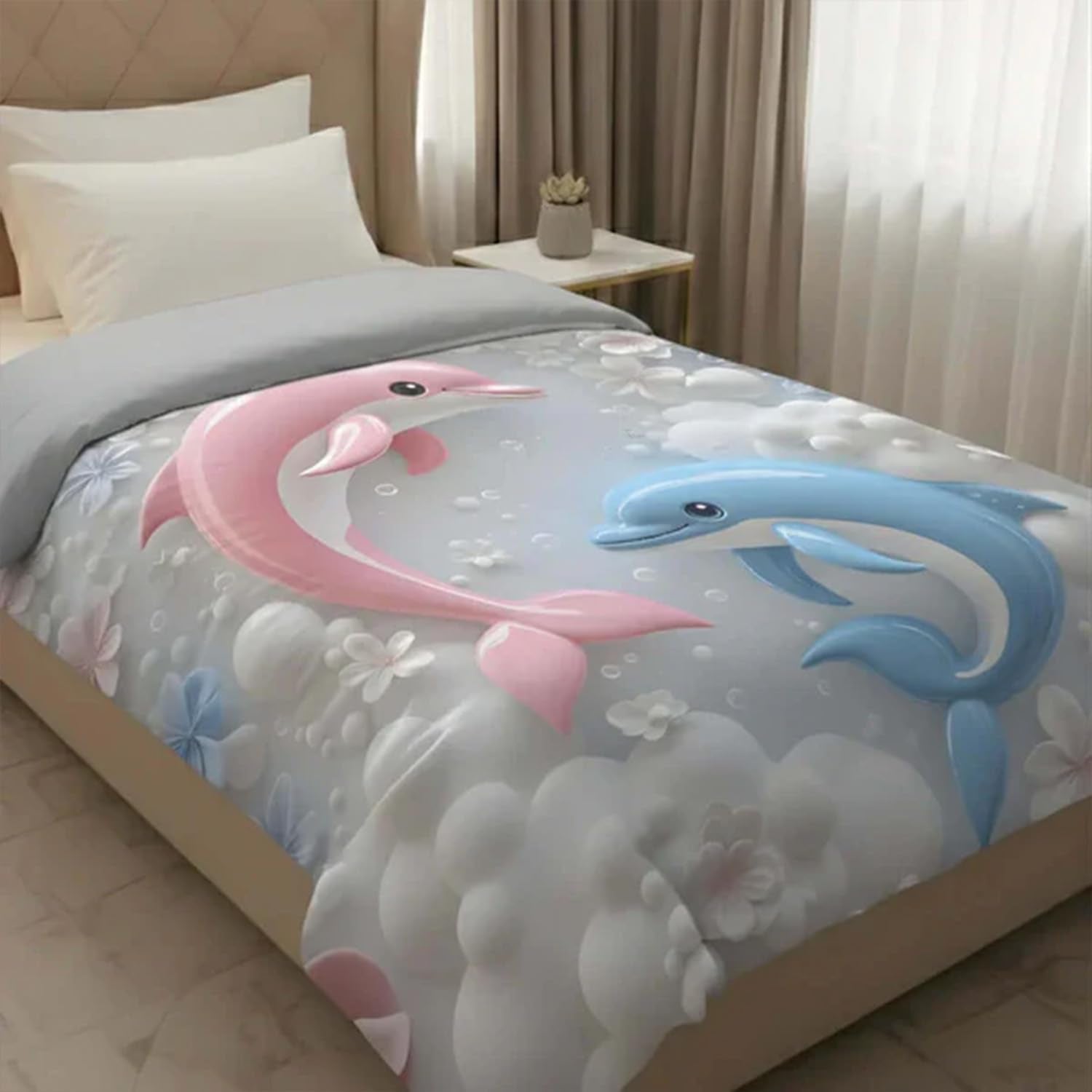 Virasaah 7D Fairy Tale Dolphin Comforter 60X90 Inch | Soft Fabric & Vibrant 7D Digital Print For Kids & Couples (Blue)