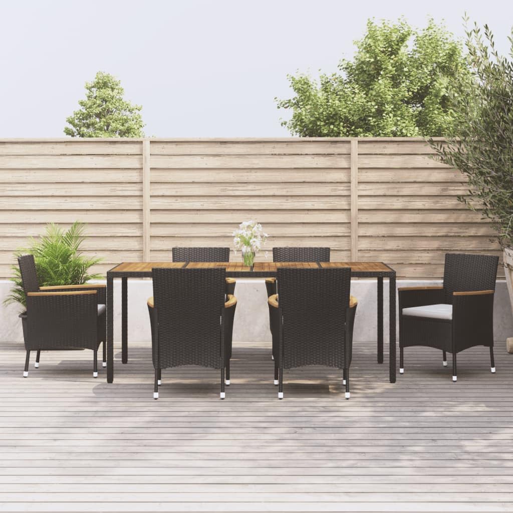 vidaXL 7 Piece Patio Dining Set - Black PE Rattan and Solid Acacia Wood Tabletop - includes Comfortable Cushions and Sturdy Steel Frame, 3187360