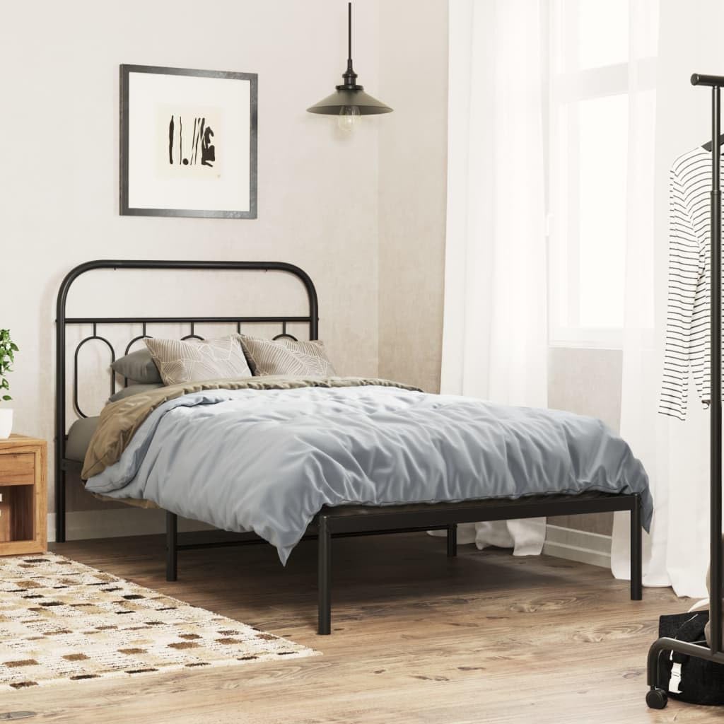 vidaXL Metal Bed Frame with Headboard - Black Single Bed - 39.4&quot;x78.7&quot; - Sturdy Steel Construction with Extra Storage and Back Support