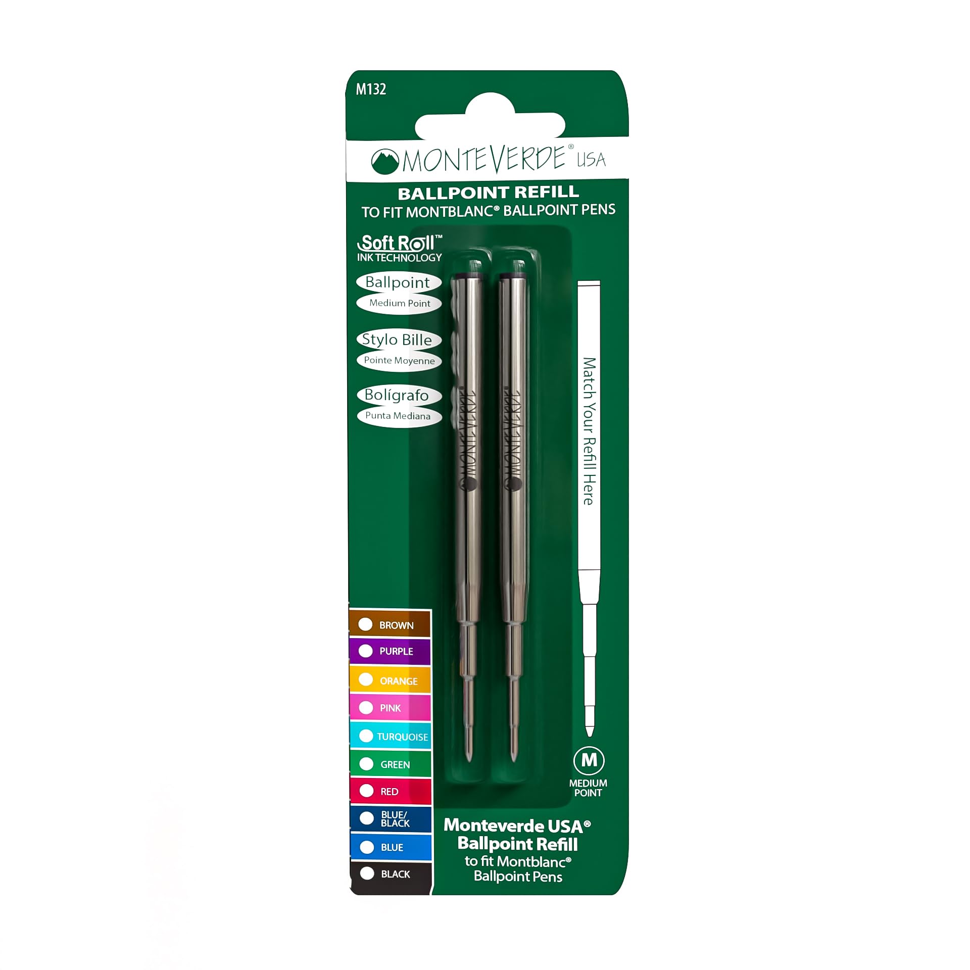 Monteverde Usa Ballpoint Refill To Fit Montblanc Ballpoint Pens - Medium Point, Soft Roll, Blue/Black (2 Pack) (M132Bb)