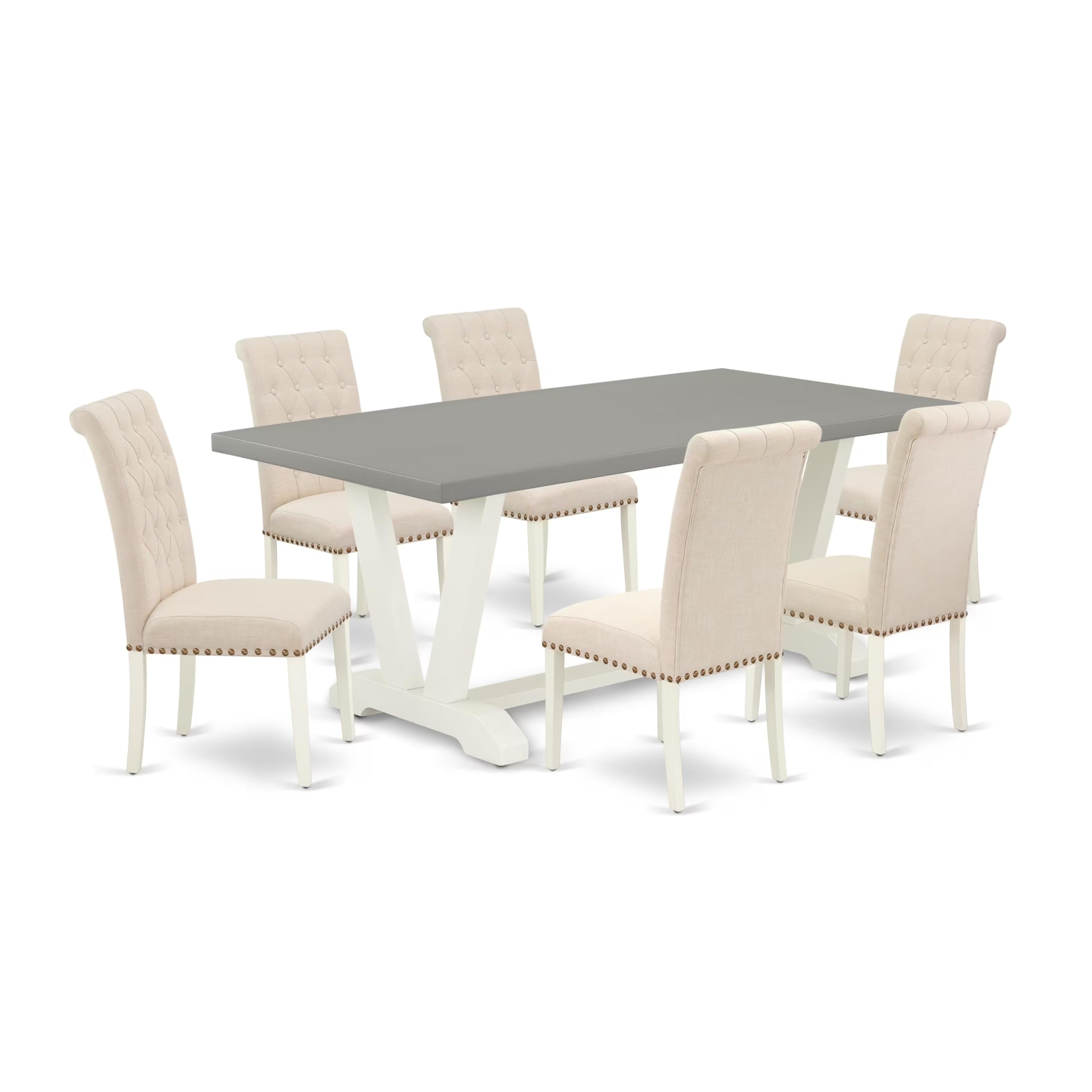 East West Furniture V097Br202-7 7 Piece Modern Dining Table Set Consist Of A Rectangle Wooden Table With V-Legs And 6 Light Beige Linen Fabric Upholstered Chairs, 40X72 Inch, Multi-Color